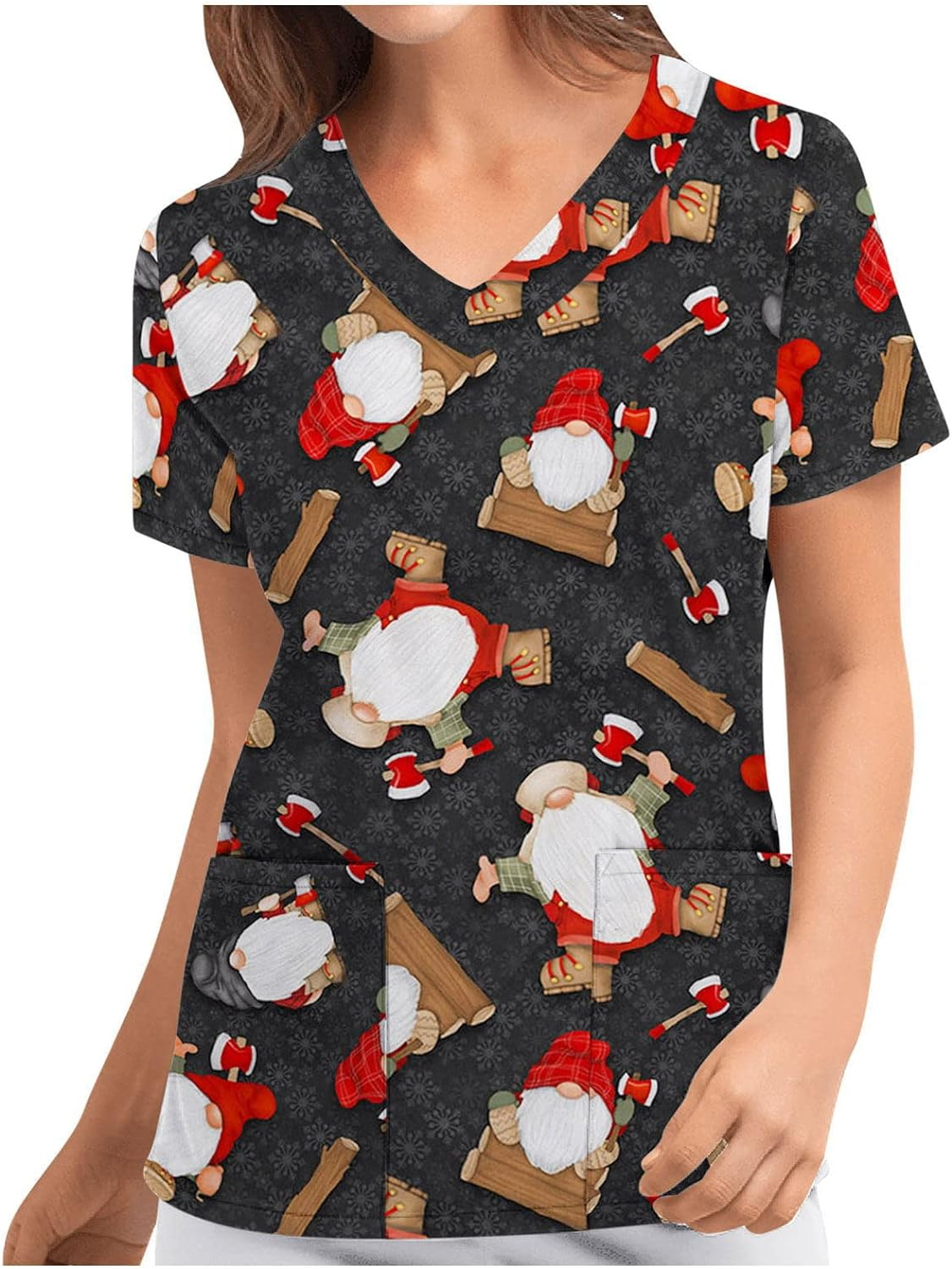 Women'S Christmas V-Neck Short Sleeve Nursing Uniform Xmas Santa Gifts Printed Workwear Holiday Graphic Tees Blouse Scrubs Tops with Pockets image number 6