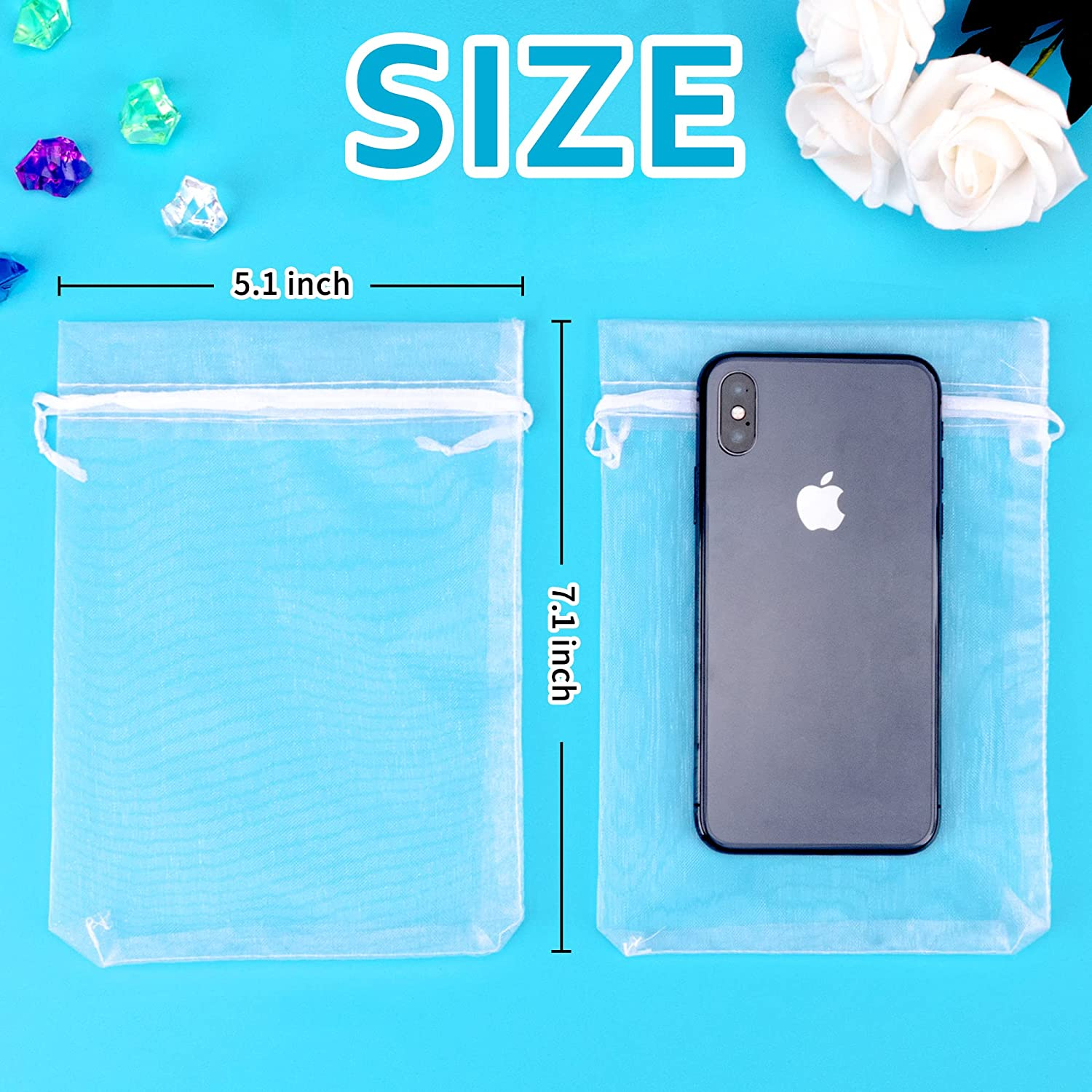 YUNAI 50PCS 13X18Cm Sheer Small Drawstring Organza Gift Bags for Christmas, Wedding and Packaging. image number 4