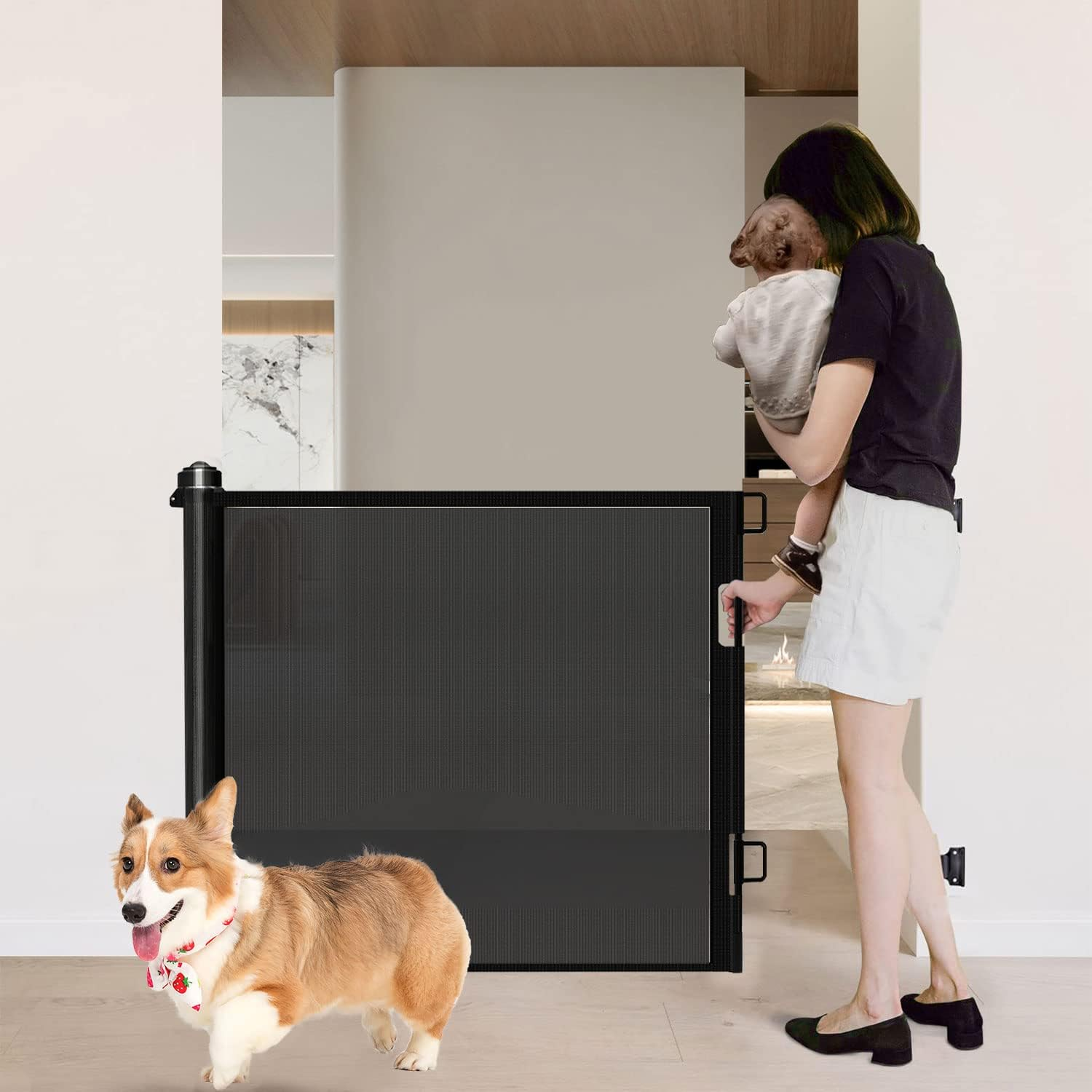 Universal Fit Retractable Baby Gate - Extra Wide Coverage up to 177" - Easy Install Durable Mesh Material for Dogs Indoor with Door (Grey, 86CM X 450CM)