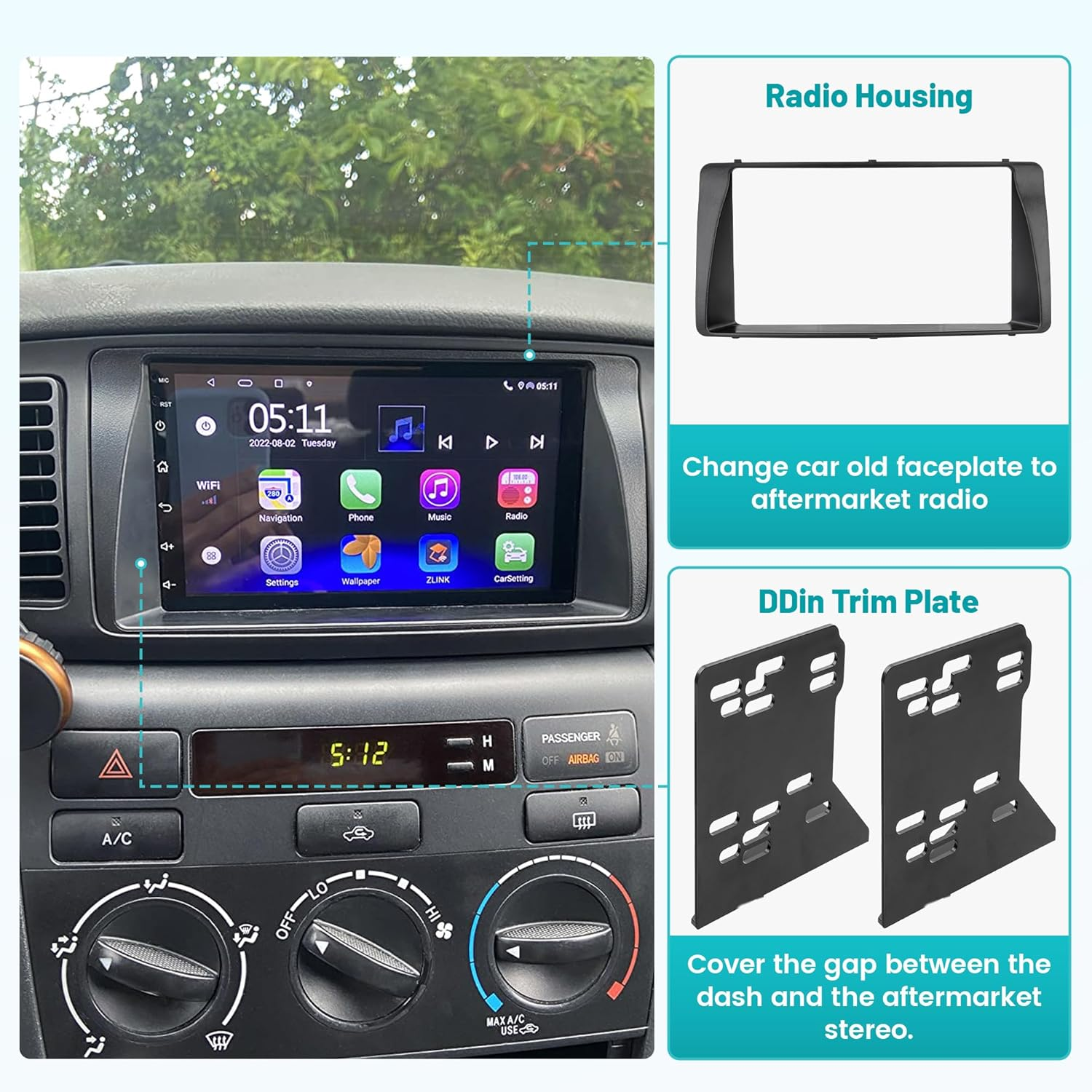 Nuith Double DIN Aftermarket Radio Installation Dash Kit for 2003-2008 Toyota Corolla Radio Dash Stereo Mounting Installation Trim Bezel Bracket Kits image number 3