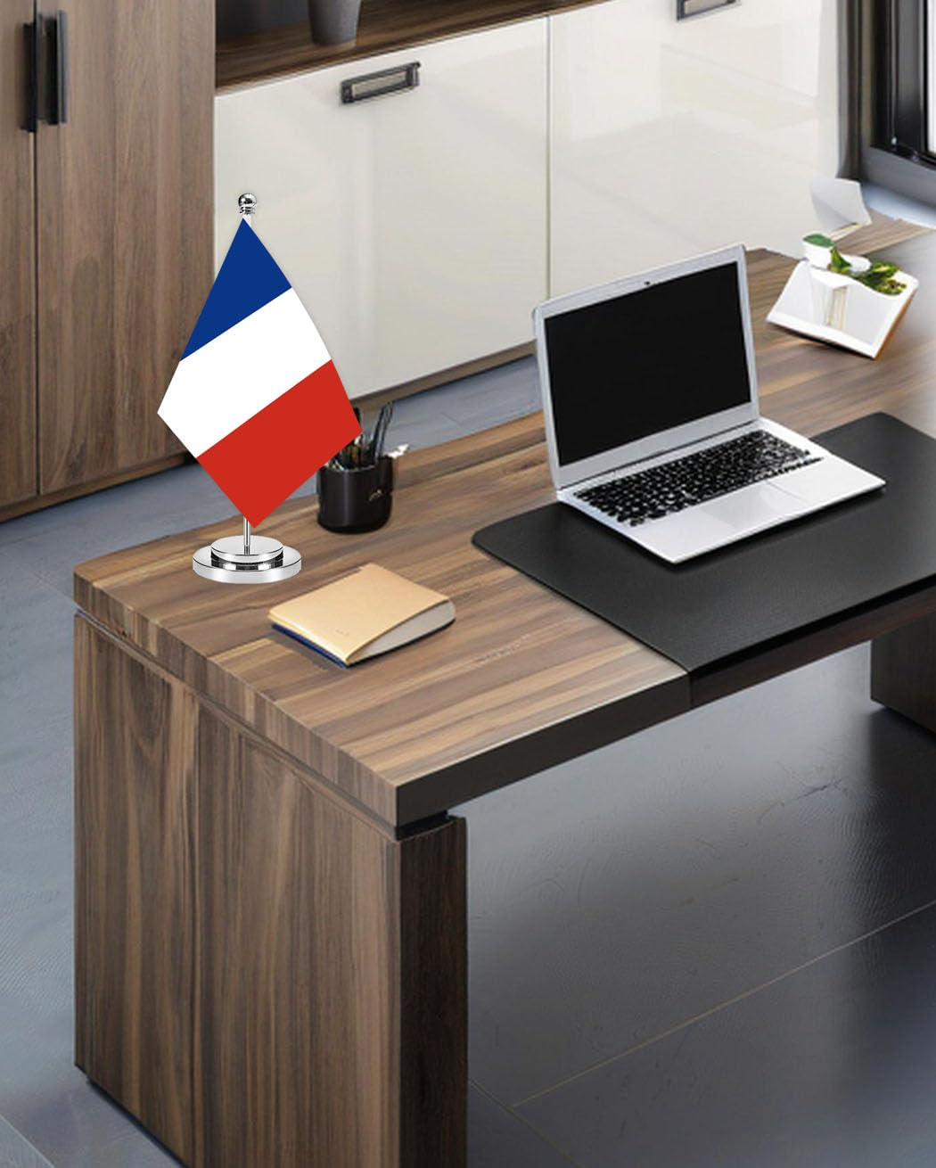 France Miniature Desk Flag Set,8X5 Inch French Small Flag with 12 Inch Bright Silver Flagpole, Deluxe Decorations for House Office Meeting Table image number 2