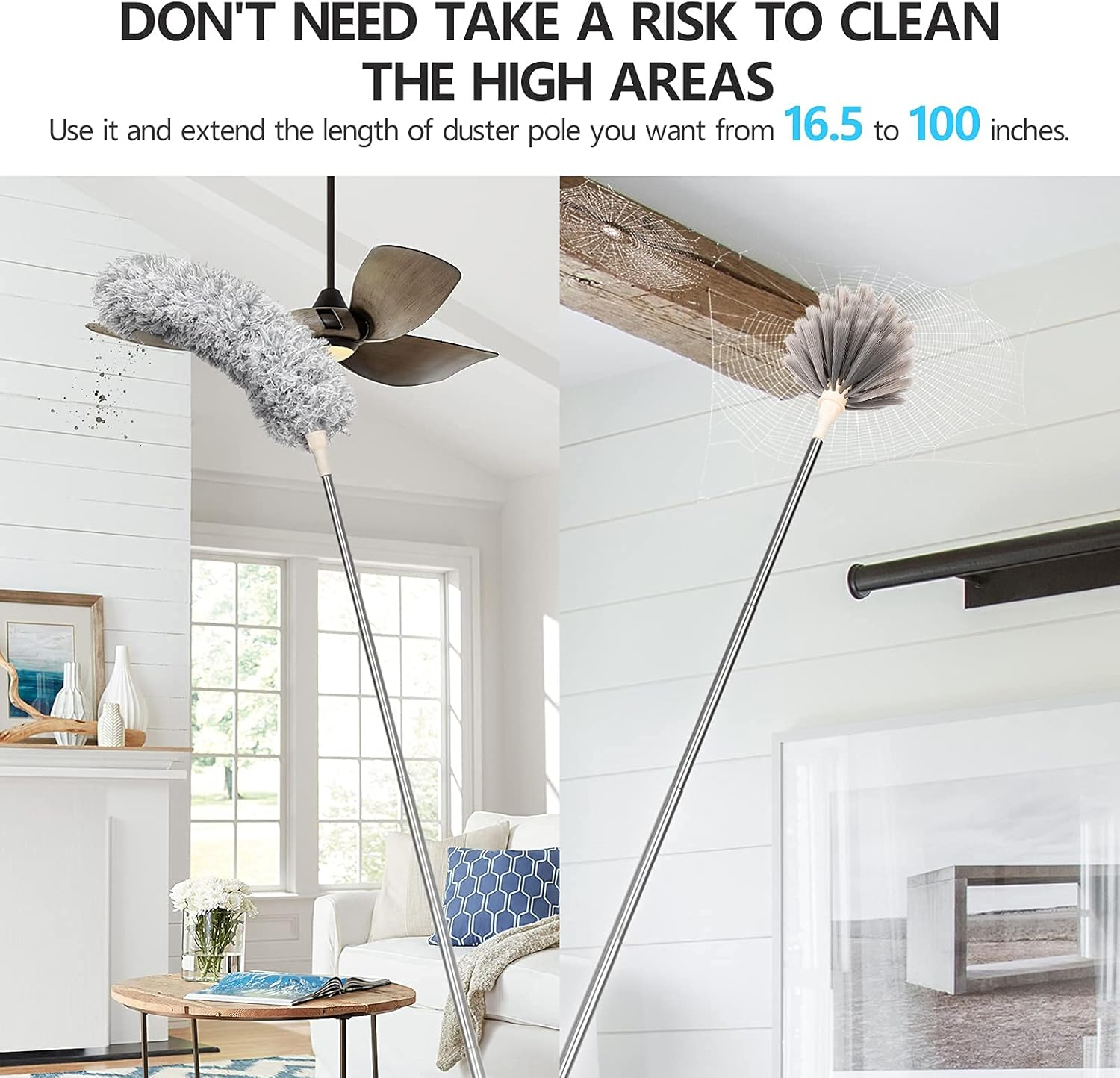 Microfiber Duster, Necomi&reg; with Extension Pole(Stainless Steel) 30 to 100 Inches, Reusable Bendable Dusters, Washable Lightweight Dusters for Cleaning Ceiling Fan (3PCS) image number 4