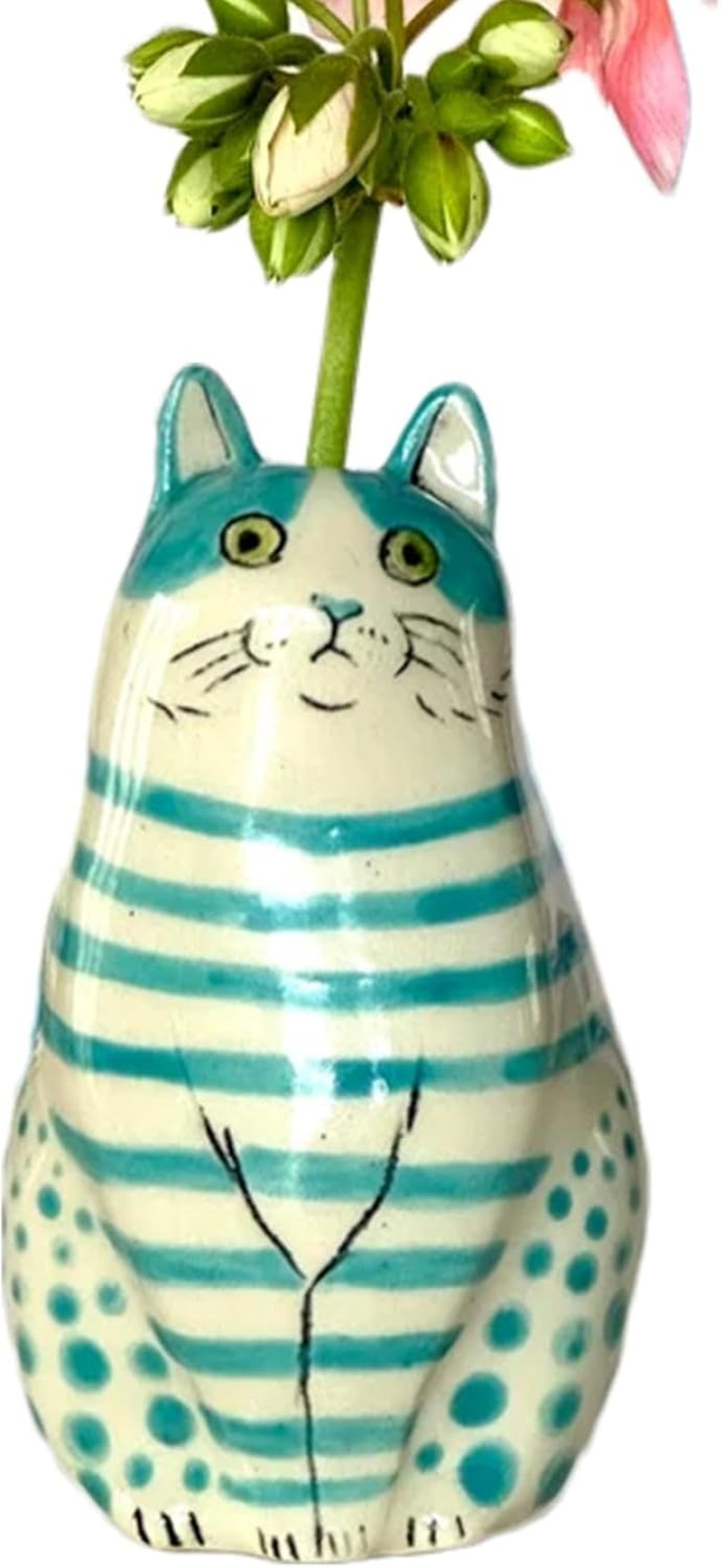 Polka Dot Cat Vase | Resin Cat Flower Bud Vase - Tiny Animal Vases for Cat Lovers, Home Decorations for Bookshelf, Table Decoration - Green image number 6