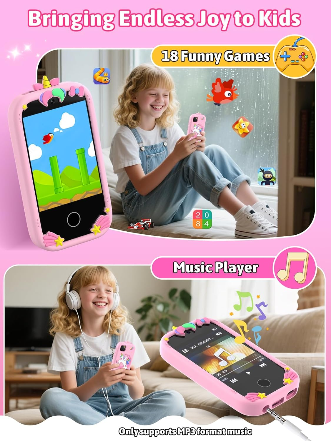Mgaolo Kids Phone Smartphone Toy, 2.8" Touchscreen Smart Phone, Toddler Educational Learning Gift for Boys Girls Age 3-8, Games, Dual Cameras, Music Video Player, Christmas Birthday Present (Pink) - Green image number 2