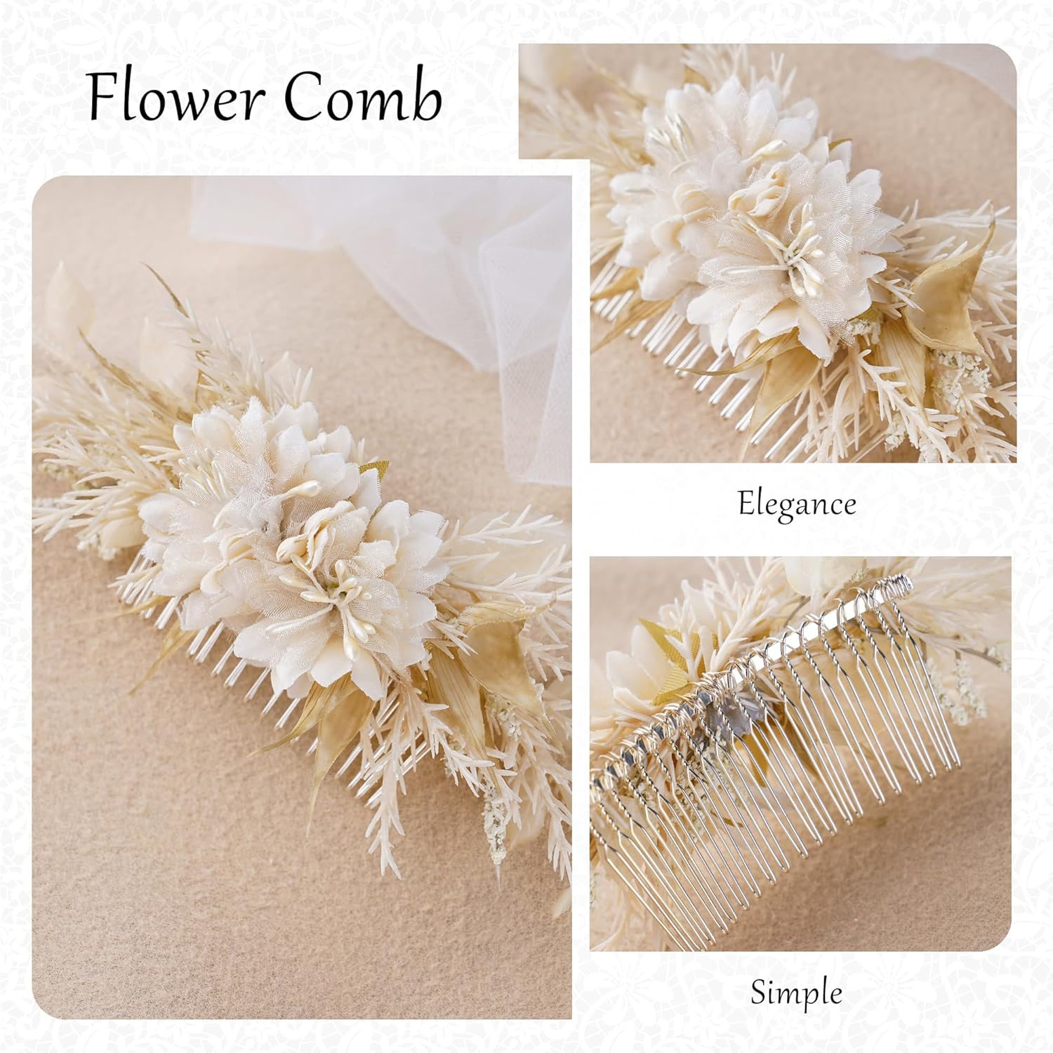 Partyforu Bridal Flower Hair Comb for Women, Handmade White Flower Comb for Wedding, Flower Hair Accessories for Bride, Bridesmaid, Hen Party, Bridal Shower