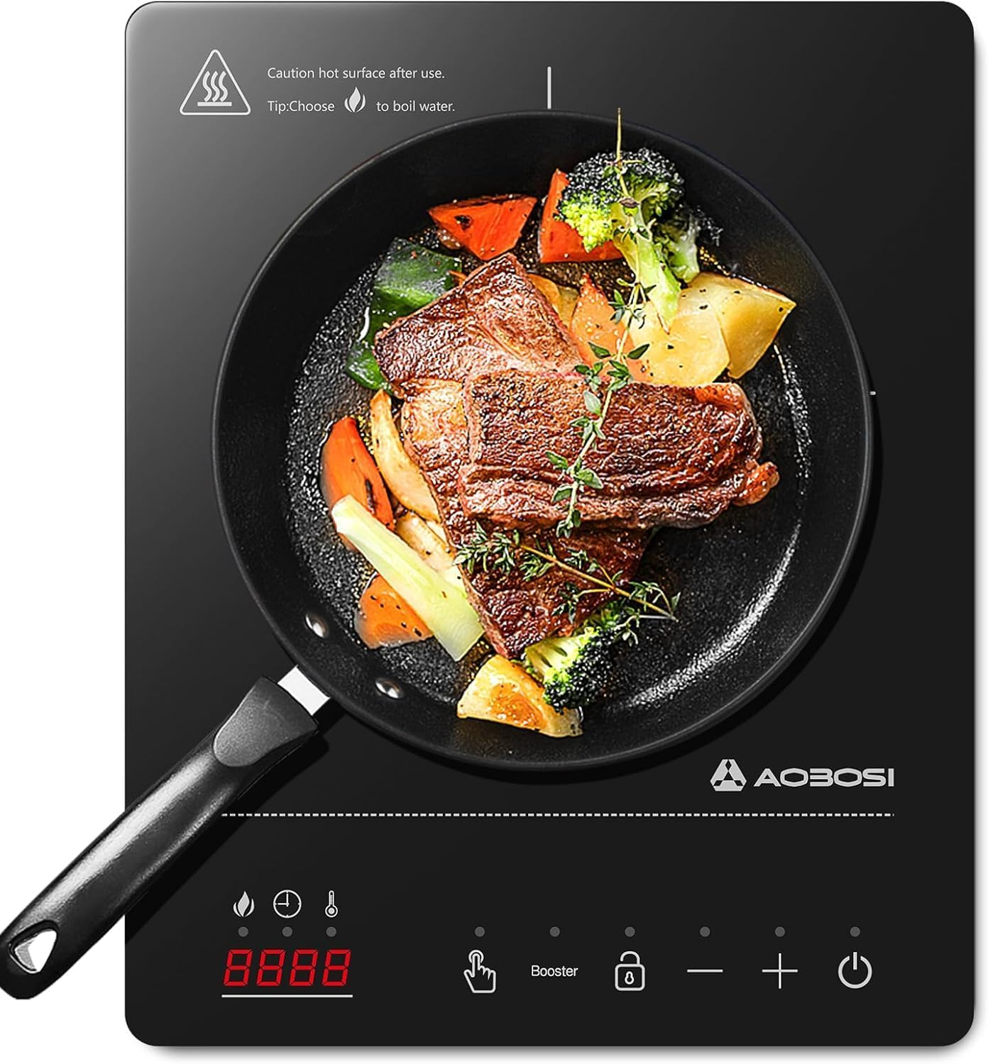 Aobosi 2000W Portable Induction Hob, Single Induction Cooker with 20 Power Levels, 20 Temperature Levels and Booster Function, Compact Size, 10H Timer, Glass Ceramic Plate, Black image number 2