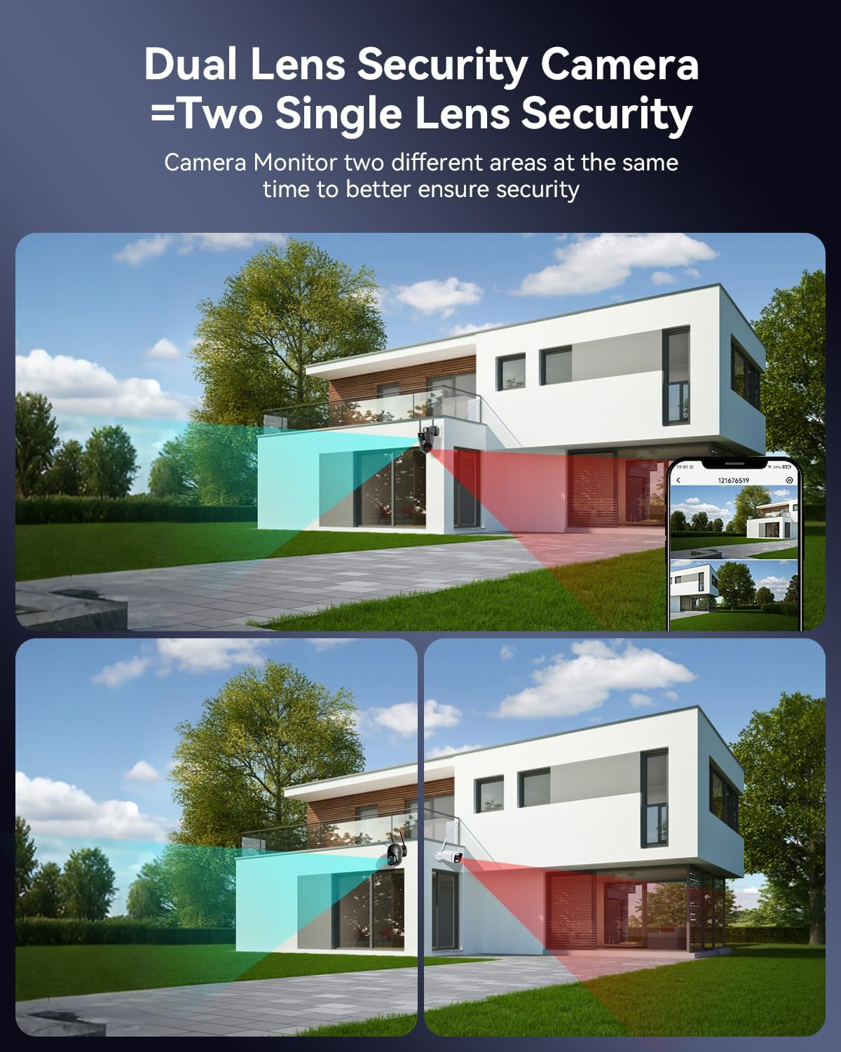 COCOCAM 2K Dual Lens Security Camera Wifi Outdoor Wireless, 10000Mah Battery, 6W Solar Panel, Dual PIR & AI Human Detection, Color Night Vision, 355&deg;P 90&deg;T, AES 128 Encryption, IP66, 2.4G Wifi image number 1