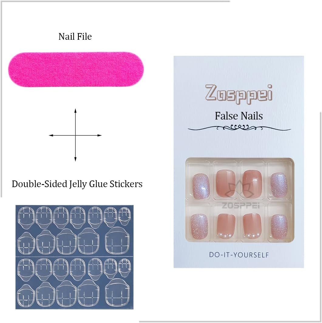 Short Square Press on Nails 24PCS Blue Cat Eyes Fake Nails Glossy Pearl False Nails Full Cover Nails Tips for Women and Teen Girls