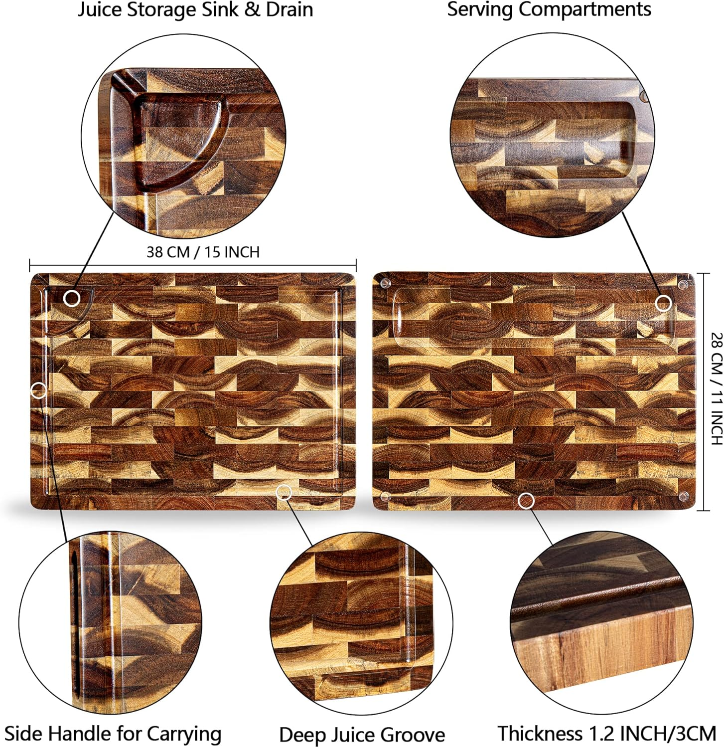 TJ POP End Grain Acacia Wood Chopping Board for Kitchen, Reversible Wooden Cutting Board with Built-In Handles, Thick Butcher Block with Juice Groove, Charcuterie Board for Cheese, Bread, 38*28*3 CM - Octagonal Checkerboard image number 4