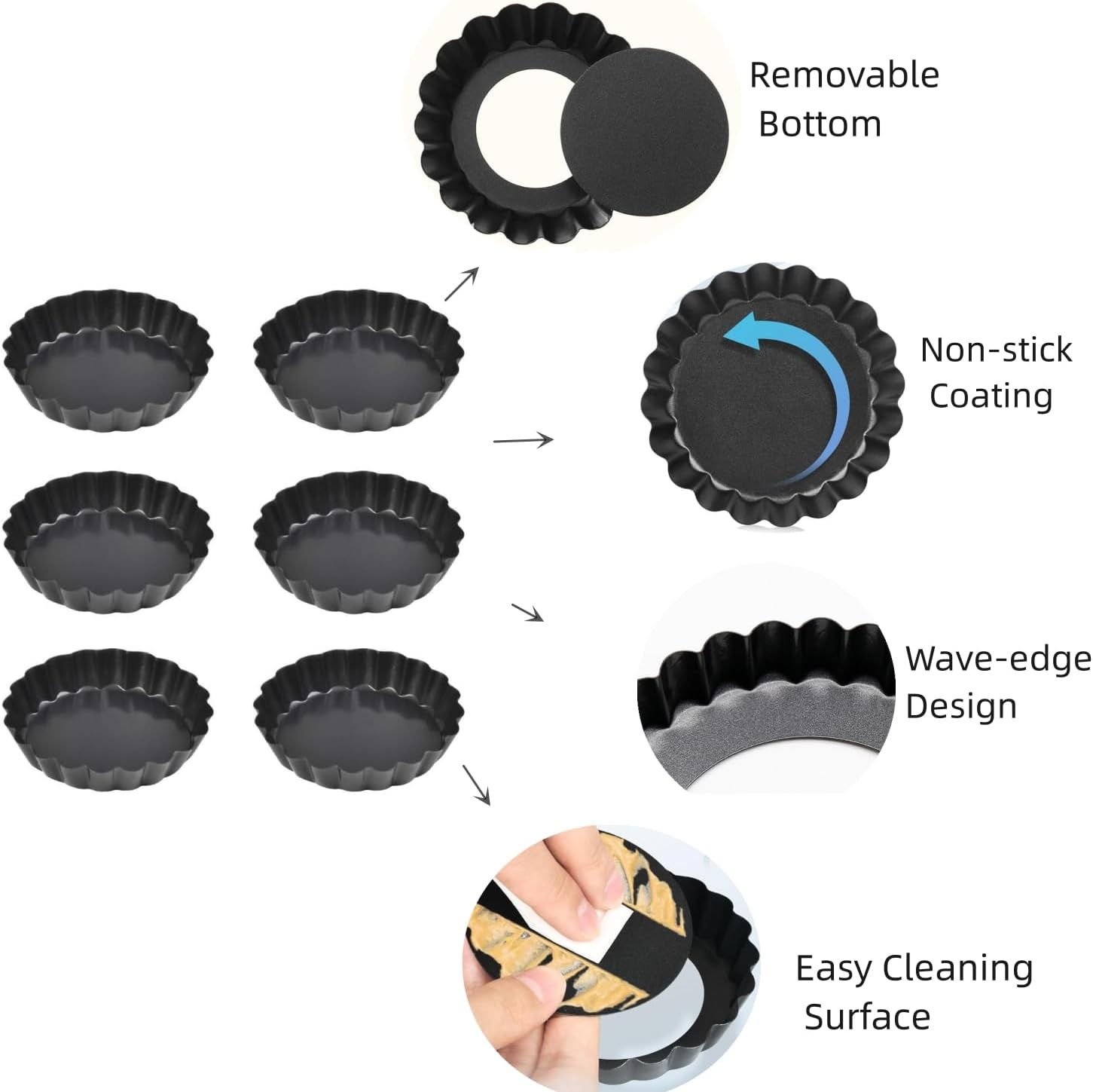 MEZOKUCEL 6 Pcs Mini Tart Pans with Removable Bottom round Nonstick Quiche Pan, Heavy Duty Fluted Side Pie Tart Molds for Tartlets, Mousse Cakes, Pizza, Dessert Baking Quiche Pan Bakeware (10CM) image number 5