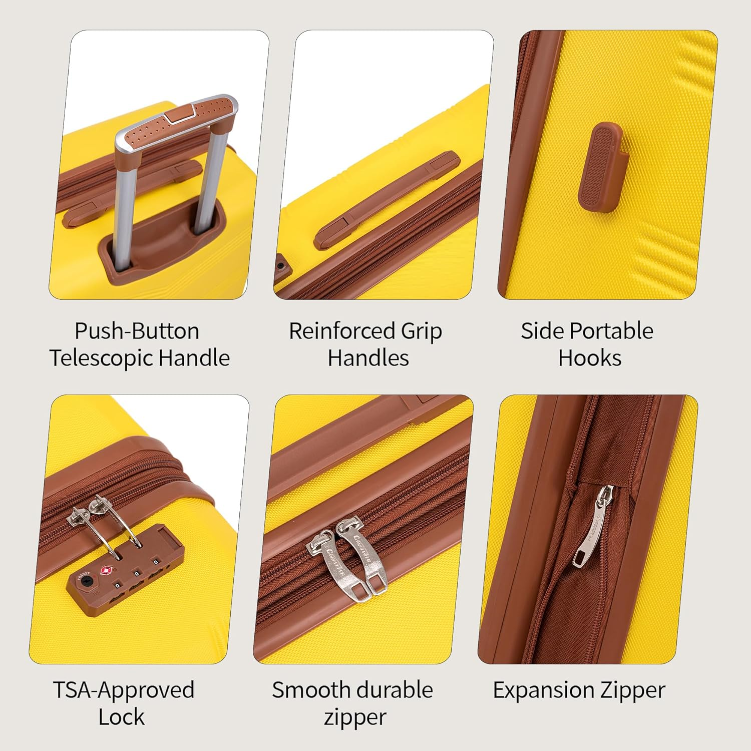 CONCEPTEN Expandable Luggage Sets 5 Piece, Hard Case Suitcase Set with Spinner Wheels,22X14X9 Airline Approved Carry On,Lightweight Durable Suitcase with TSA Lock, Yellow, Hardside Luggage With image number 1