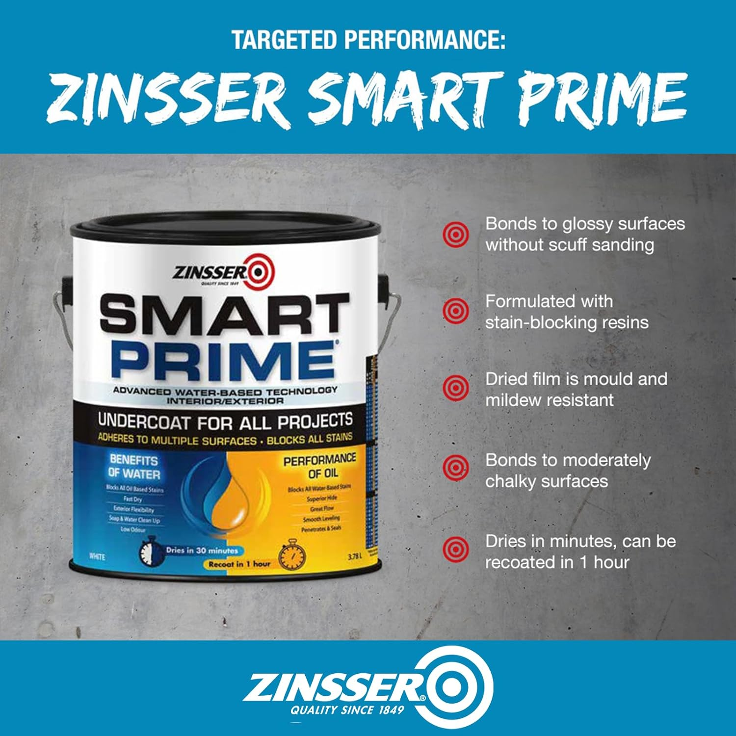 Zinsser Smart Prime Interior & Exterior Primer | Low VOC, Water-Based, Oil-Like Performance | Stain Blocking, Mould Resistant | Ideal for Walls, Trim, Ceilings, and More, White, 1 Litre