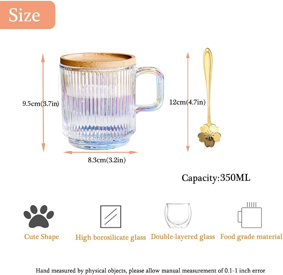 Clear Iridescent Glass Mug with Lid Cherry Blossoms Spoon Tea Mugs Coffee Glass Cup Pretty Mug for Milk Latte Chocolate Juice Water, for Women Girl Birthday Christmas Mother`S Day (White) image number 2