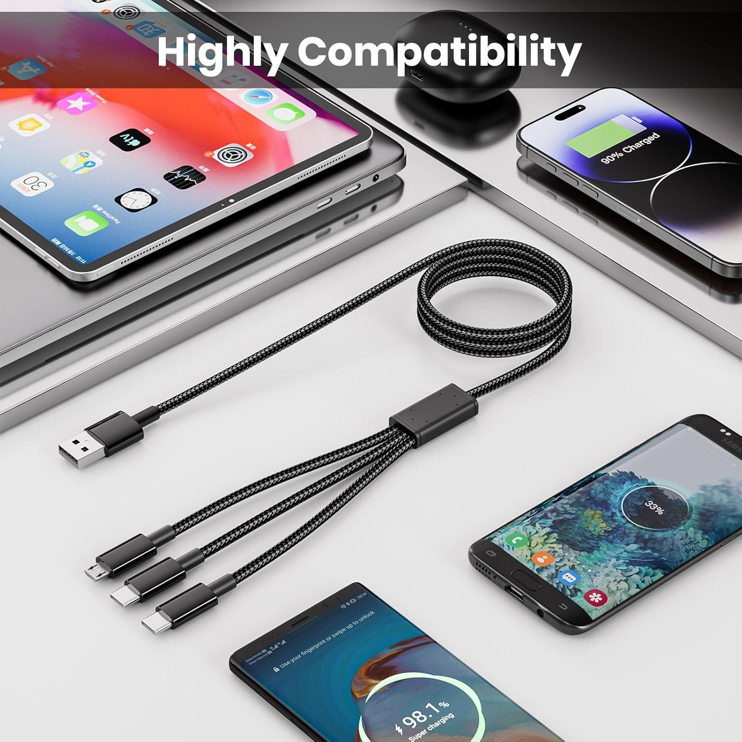 Multi Charger Cable，2Pack 1.3M+1.3M 3 in 1 Charging Cable with Micro USB/USB Type C/USB Type C Braided for Iphone15, Android Samsung S22 S20, Huawei, Nexus, Nokia,Lg,Kindle Fire ETC image number 5