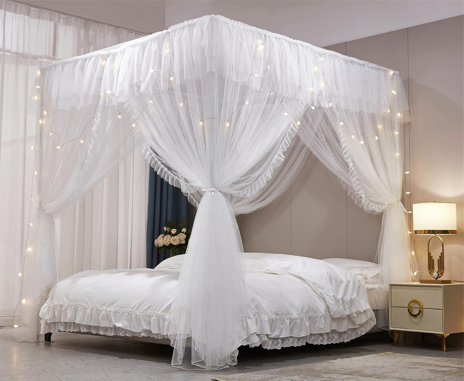 VETHIN 4 Corners Post Ruffle Princess Bed Canopy Curtain-Double Layer Cozy Drape Netting 4 Opening Mosquito Net for Girls Adults Bedroom Decoration (White/White, 59" W*82" L*82"*H/(Queen)) image number 6