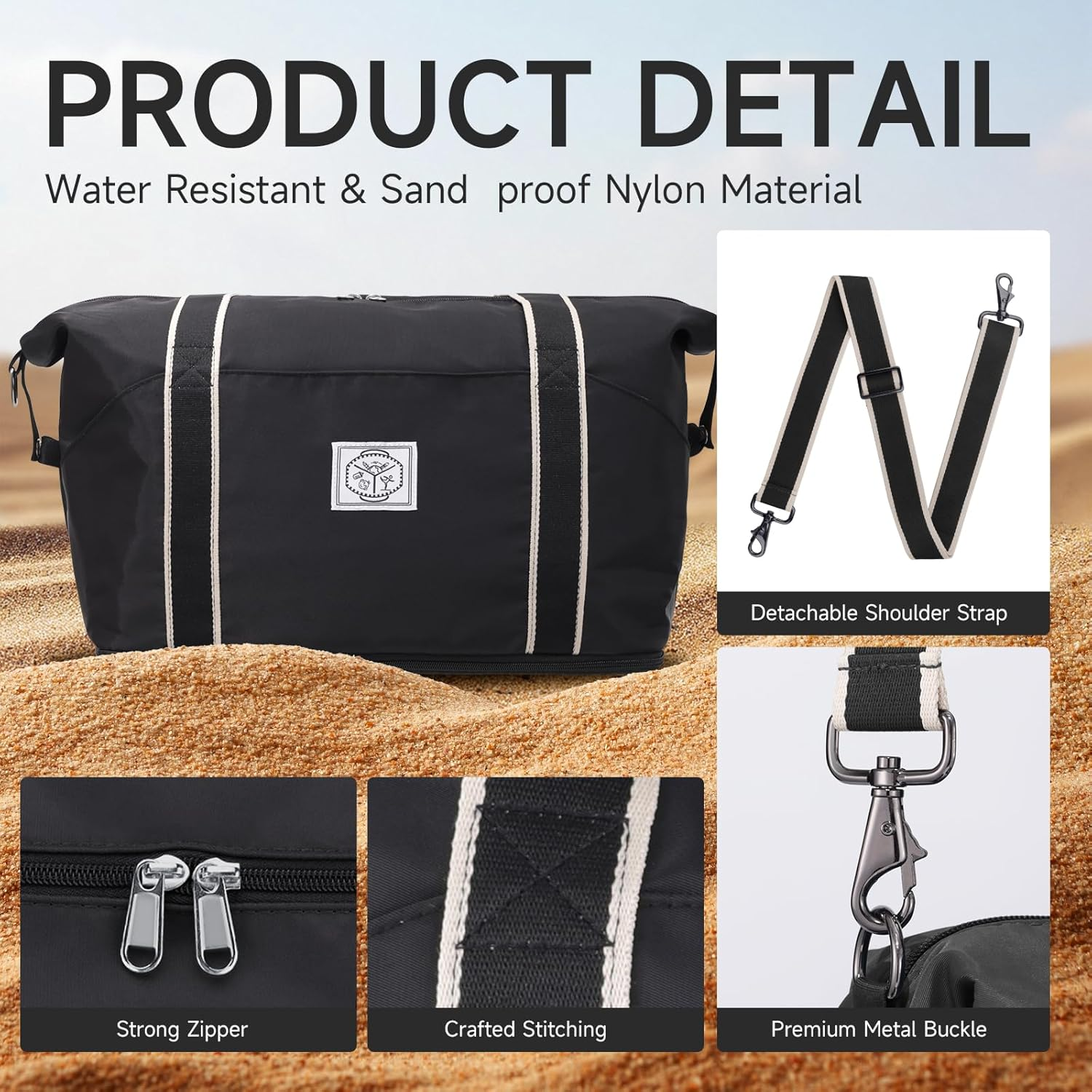 WALNEW Travel Duffle Bag, Carry on Bag for Women Men, Foldable Overnight Weekender Duffel Bags, Large Gym Tote Bag with Metal Buckle Detachable Shoulder Strap and Wet Compartment, Black - Klein Blue image number 6