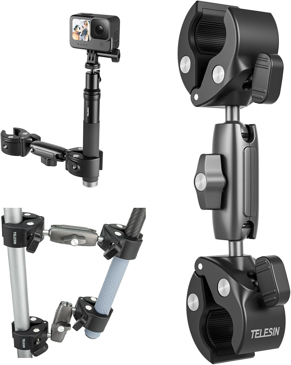 Aluminum Dual-Ball Clamp Mount for Motorcycle Bicycle Bike Extension Rod Selfie Stick Pole Clamping Mounting Accessories Compatible for Go Pro Insta360 DJI Action Osmo 360 (Dual-Ball Clamp Mount) image number 1