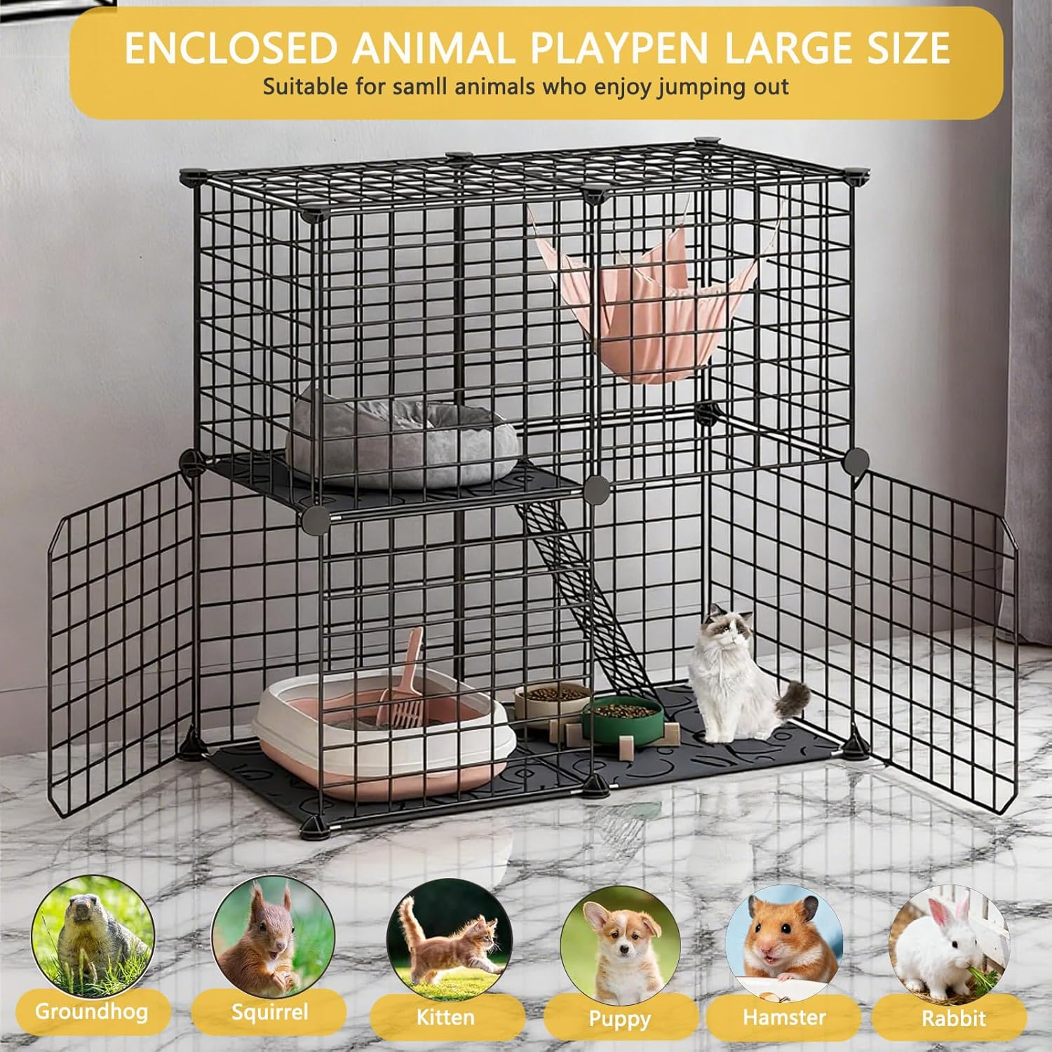 2-Tier Cat Cage, DIY Metal Wire Mesh Grid Density Detachable Pet Kennel Crate House for Small Animals, Kitty, Puppy, Rabbits Drying Box Dog Room image number 3