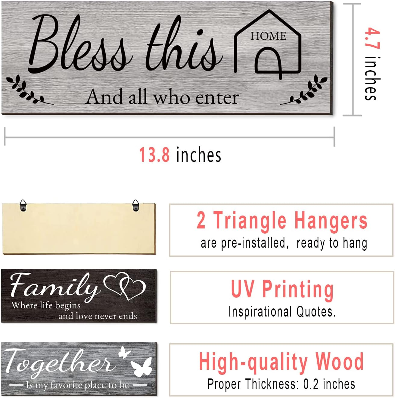 Joyhawk 4 Pieces Home Wall Decor Signs - THIS IS US/TOGETHER/BLESS THIS HOME/FAMILY for Living Room Bedroom, Rustic Wooden Farmhouse Art, 4.7 X 13.8 Inch (Mixed Color) image number 2