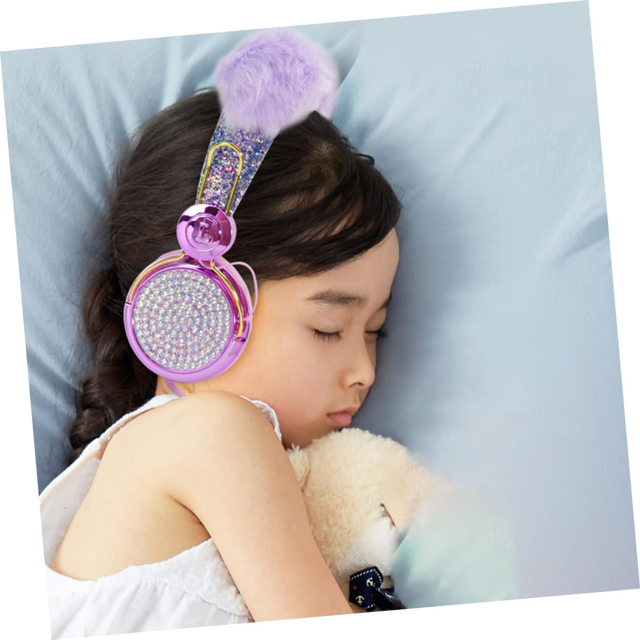 Kisangel Adjustable over Ear Headphones with Glitter Rhinestones and Fuzzy Ball Decor for Boys and Wired Headset Compatible with Laptop Tablet Smartphone Material for Travel Random Color image number 2