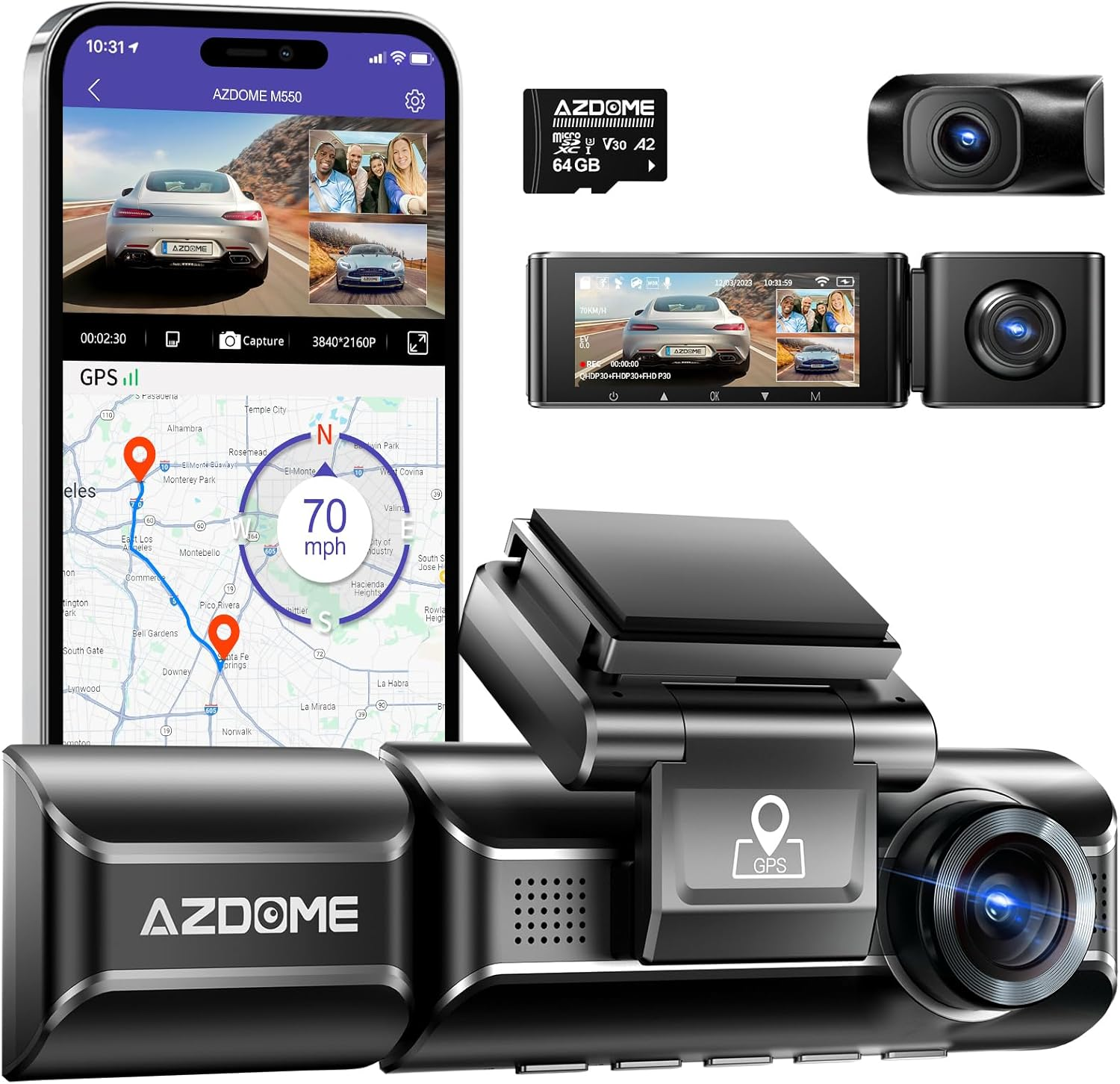 AZDOME M550 3 Channel Dash Cam, 4K+2.5K Dual Dash Camera for Cars Built-In Wifi GPS, 1440P+1080P+1440P Front and Rear Inside, 64GB Card Included, 3.19" IPS Screen, WDR, IR Night Vision, Parking Mode image number 3