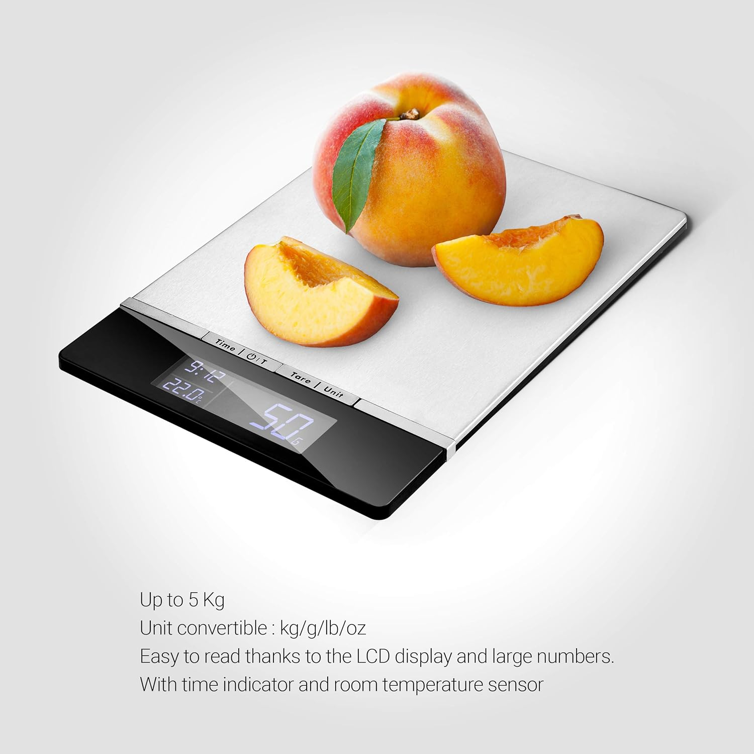 Venga! High Precision Digital Kitchen Food Scale, Weighs up to 5Kg in Steps of 1 G, Stainless Steel Cover, with Ambiance Temperature Sensor and Clock, Black/Stainless Steel, VG EKS 3000 image number 3