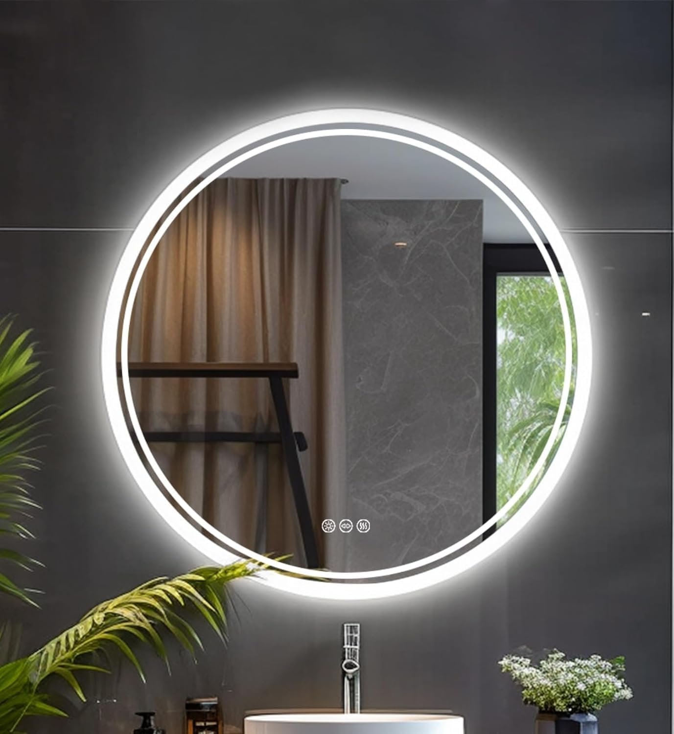 LUVODI round Illuminated Bathroom Mirror: 600Mm Dimmable LED Lighted Circle Wall Mounted Vanity Mirror with Demister Pad Smart Touch Sensor for Makeup Shaving Hairdressing, Front Lighted + Backlit