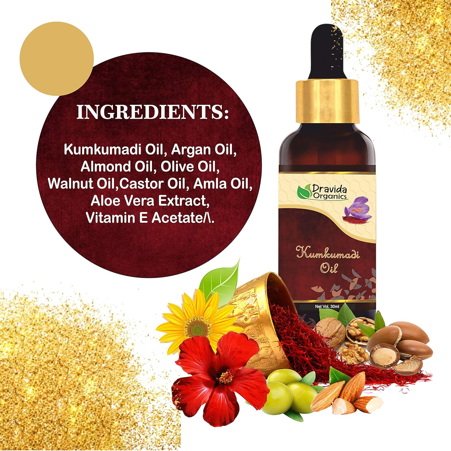 Dravida Organics Kumkumadi Oil Enriched with Gold Dust for for Glowing, Spotless, Anti-Ageing & Radiant Skin - 30Ml