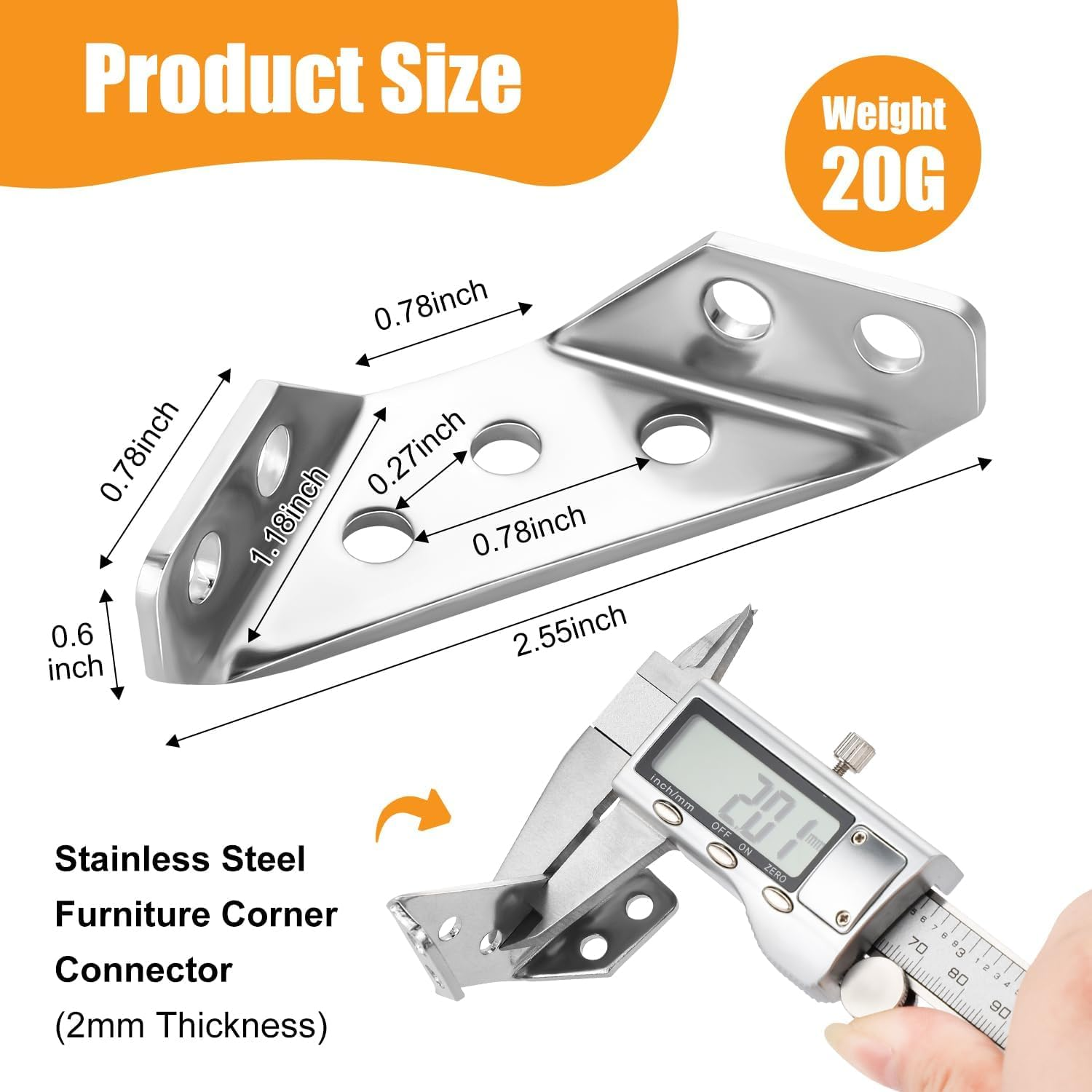 20PCS Universal Furniture Corner Connector, Stainless Steel Angle Corner Brackets, Corner Bracket for Wood, Corner Braces for Wood Shelf, Cabinets, Tables, Chairs, Shelf Support (65X28X13Mm) image number 6