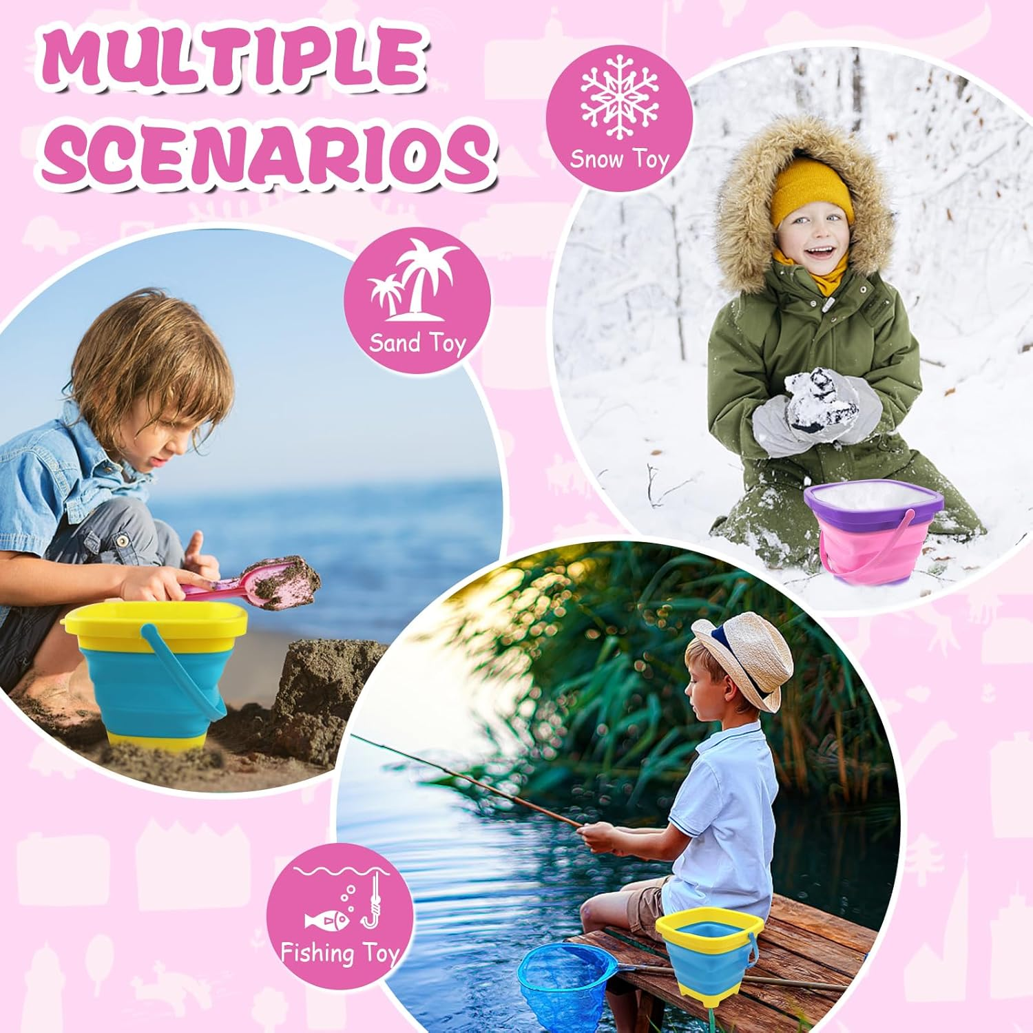2Pcs Foldable Beach Play Sand Pails, Collapsible Buckets with Handle for Kids, Outdoor Summer Beach Camping (Pink-Purple+Blue-Yellow) image number 2