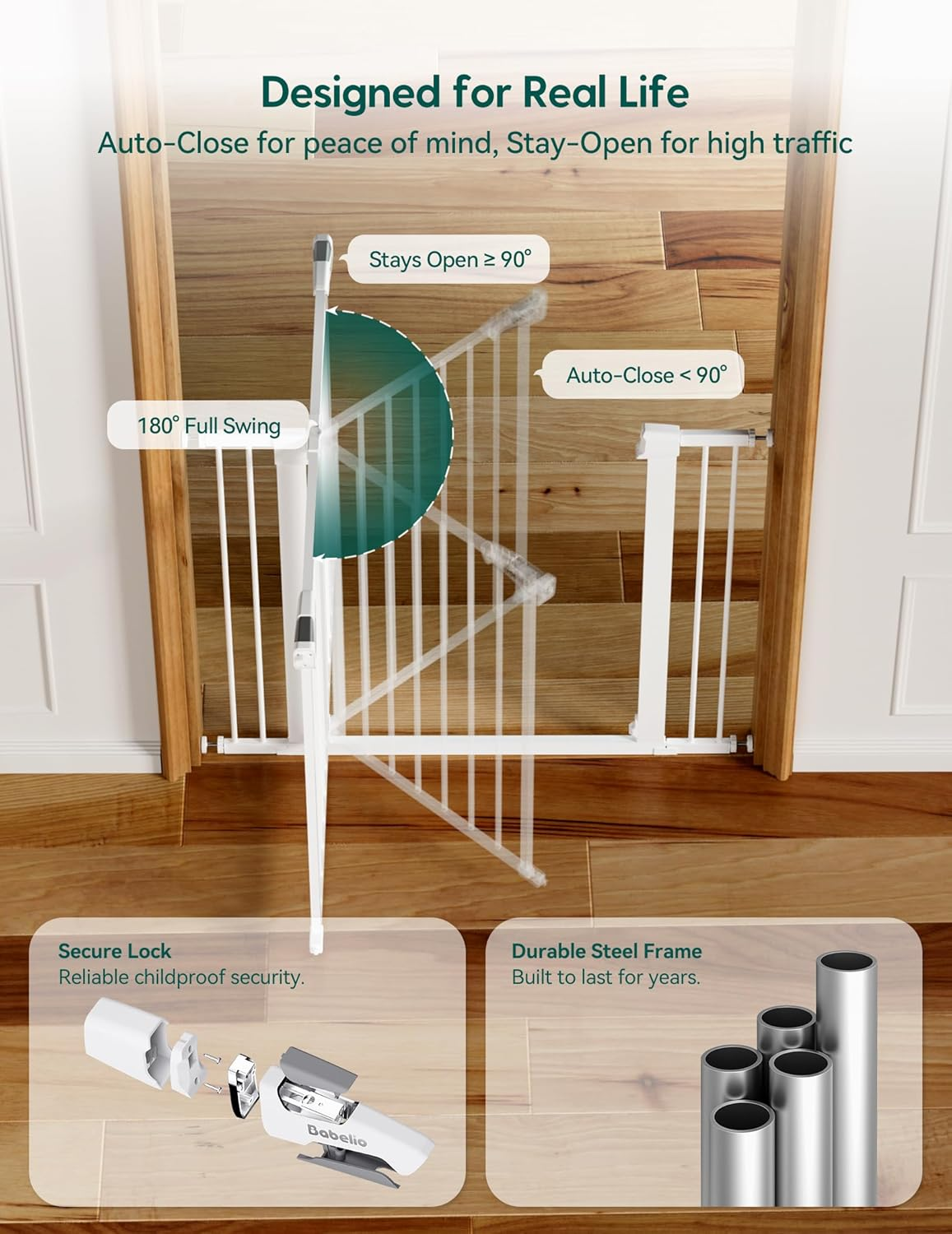Babelio Baby Gate for Doorways and Stairs, 66-101.6 CM Auto Close Dog/Puppy Gate, Easy Install, Pressure Mounted, No Drilling, Fits for Narrow and Wide Doorways, Safety Gate W/Door for Child and Pets
