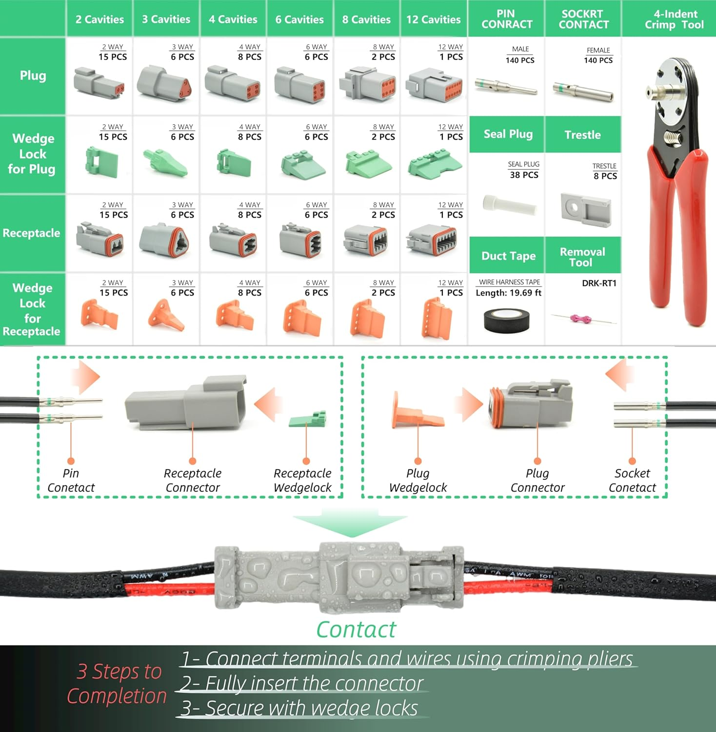 482 PCS DT Deustch Connector Kit, 2 3 4 6 8 12 Pin Waterproof Automotive Electrical Connectors, Including Deutsch Crimping Tool, Removal Tool, 16# Solid Contacts