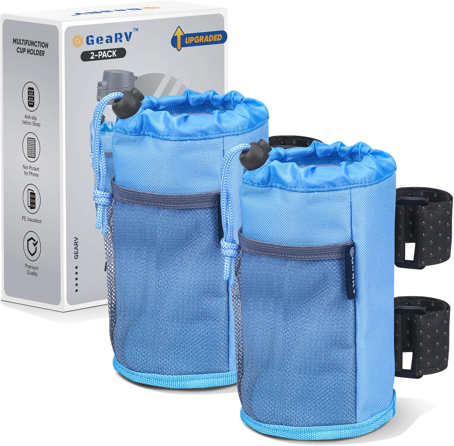 GEARV 2-Pack Bar Cup Holder for Stroller, Golf Cart and Wheelchair; Universal Cup Holders for UTV/ATV, Car, Scooter, Boat; Drink Holder Accessories with Net Pocket and Cord Lock (Black)