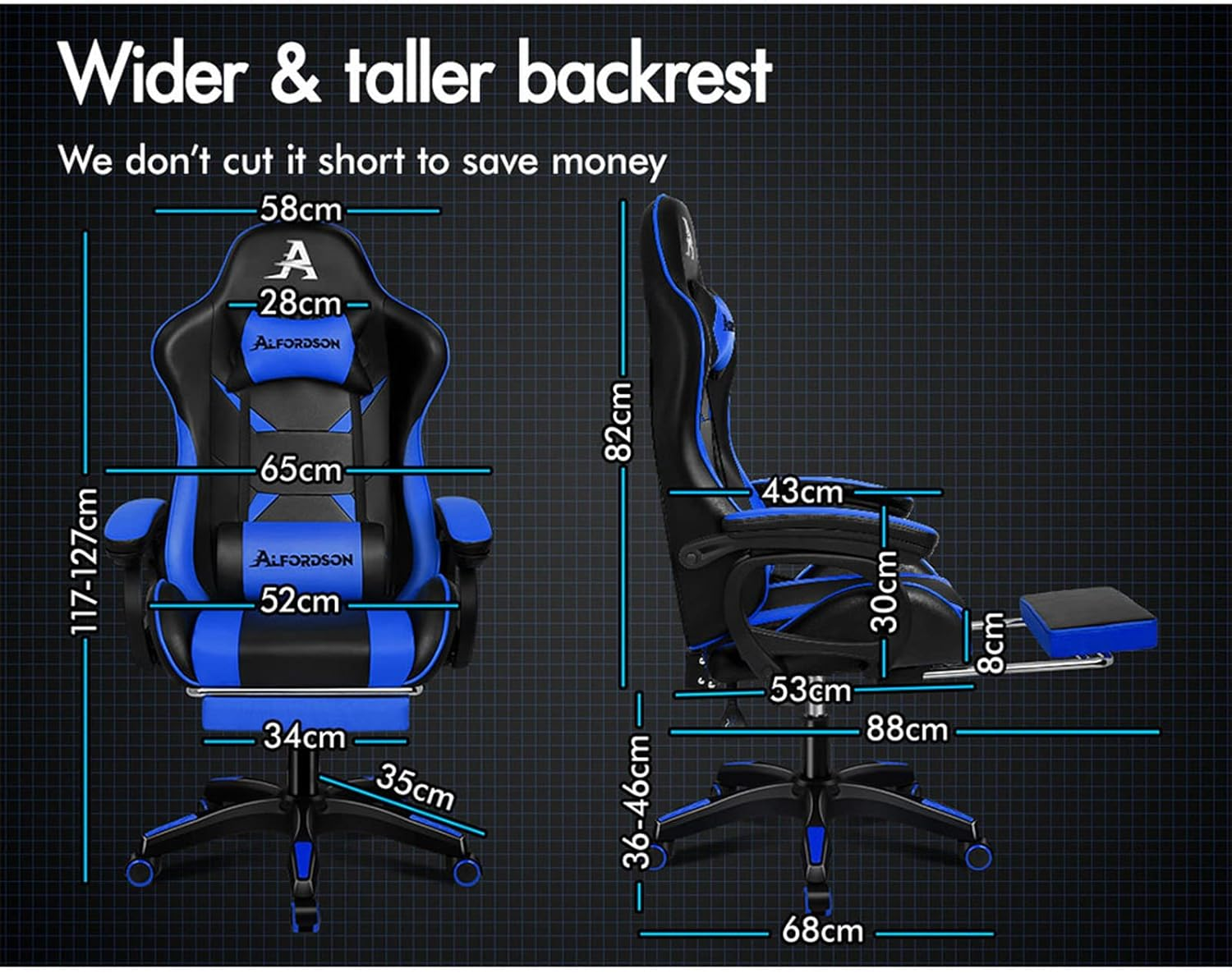 ALFORDSON Gaming Chair with Massage and 150&deg; Recline, Ergonomic Executive Office Chair PU Leather with Footrest, Adjustable Height Racing Chair with SGS Listed Gas Lift, Max 180Kg(Blue) image number 5