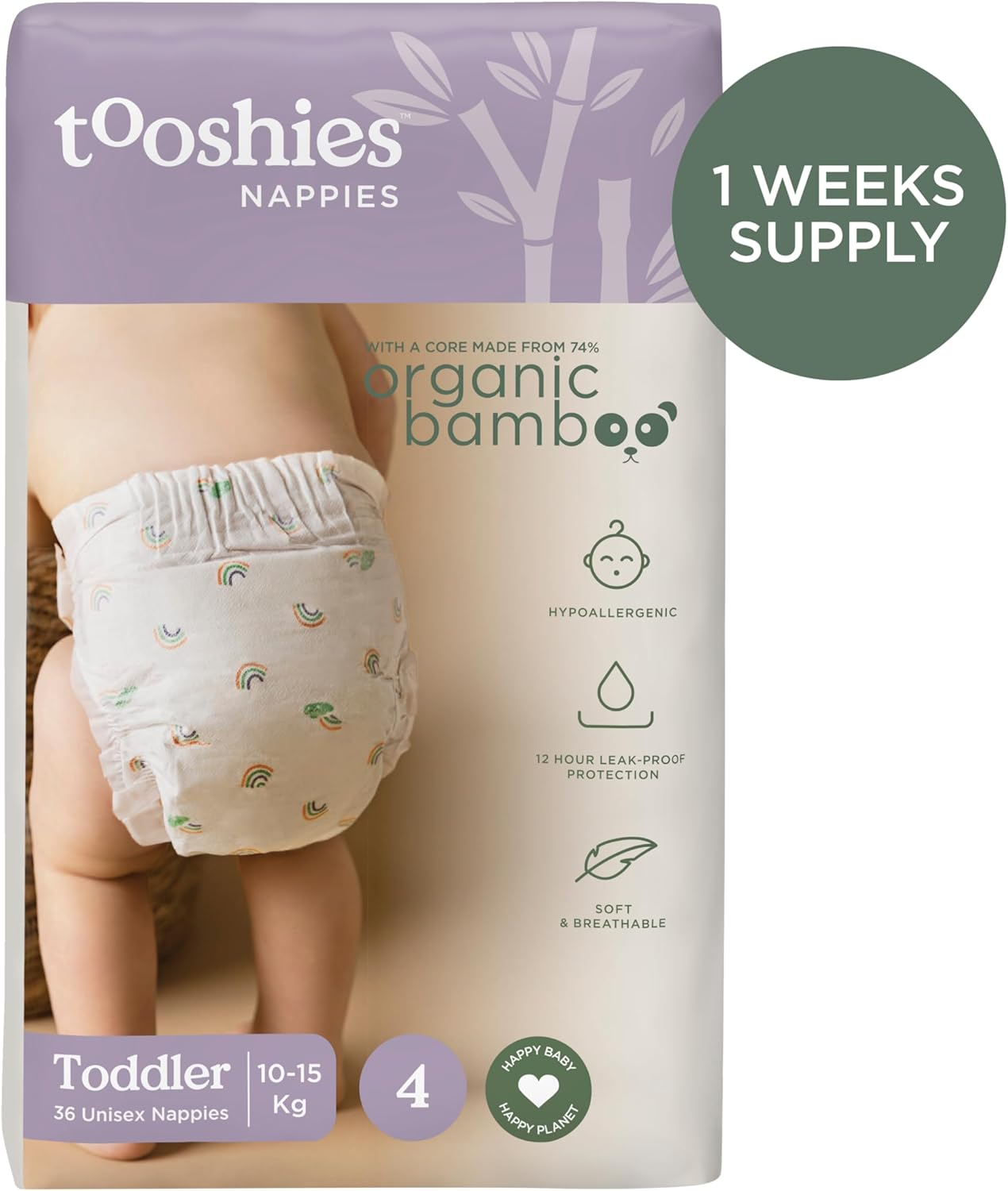 Tooshies Nappies | Size 4 Toddler 10-15Kg | Made with Organic Bamboo | 12 Hrs Leak Free | Unisex | Rainbow Print | 1 WEEK SUPPLY