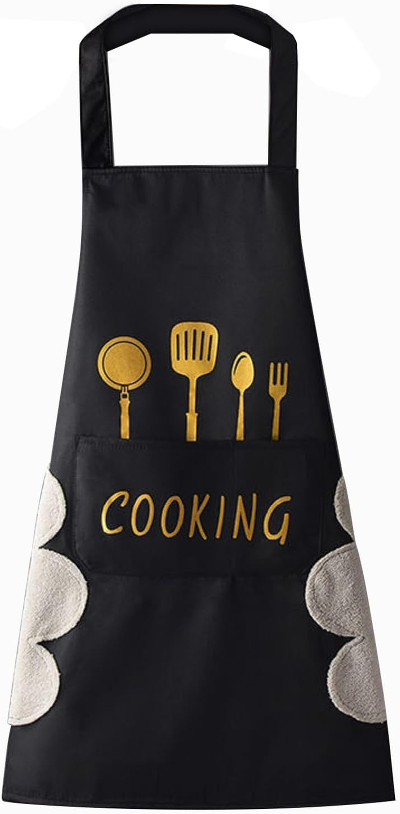 DILLMAN Women Kitchen Apron with Hand Wipe Pockets，Big Pocket,Hand-Wiping, Waterproof for Cooking Baking, Black + White