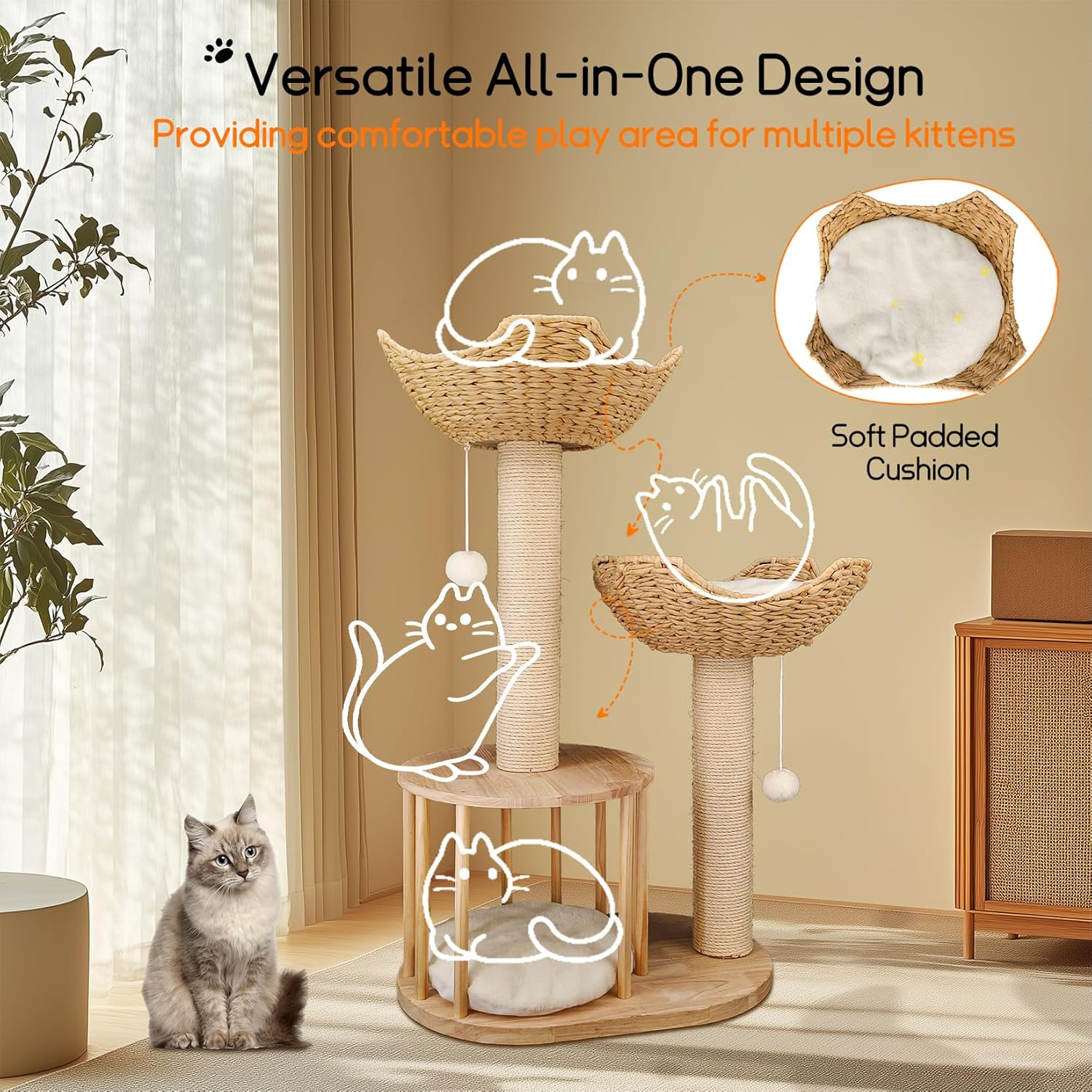Bingopaw Wooden Cat Tower Tree: 3-Tier Kitten Tree Activity Tower Condo Furniture with Plush Cushion Cozy Rest Dangling Ball Sisal Scratching Post Indoor 60X40X99Hcm image number 3