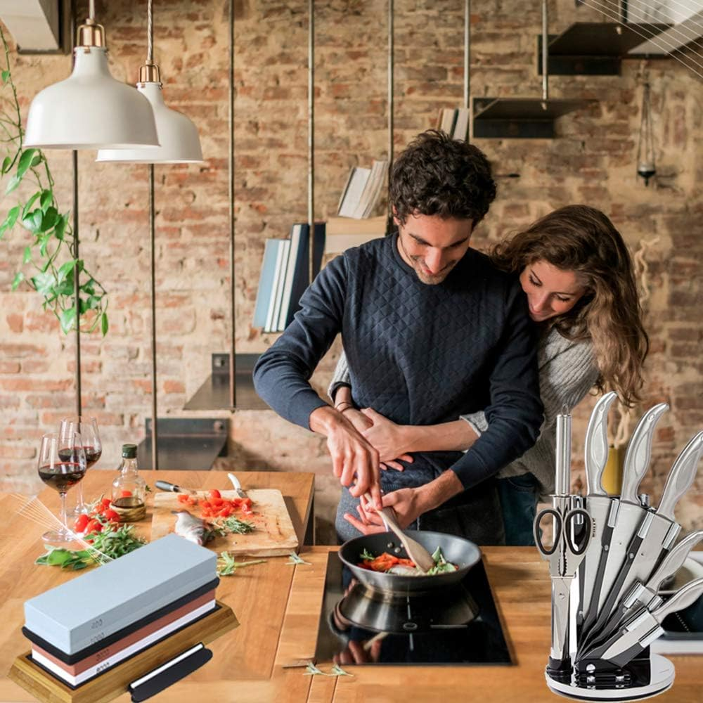 Wucgea Knife Sharpening Stone Kit - 400/1000 3000/8000 Grit Japanese Whetstone Sharpener Set with Non-Slip Rubber Base Angle Guide Flattening Stone and Leather Strop&hellip; image number 3