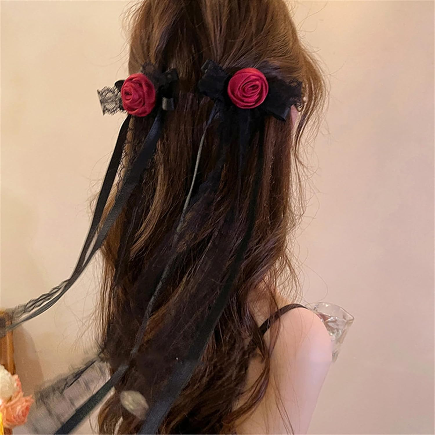 LERTREE 2Pcs Gothic Rose Hair Clips with Long Ribbon Tail, Black Lace Floral Bowknot Hair Barrettes for Halloween Cosplay Bridal Wedding image number 4