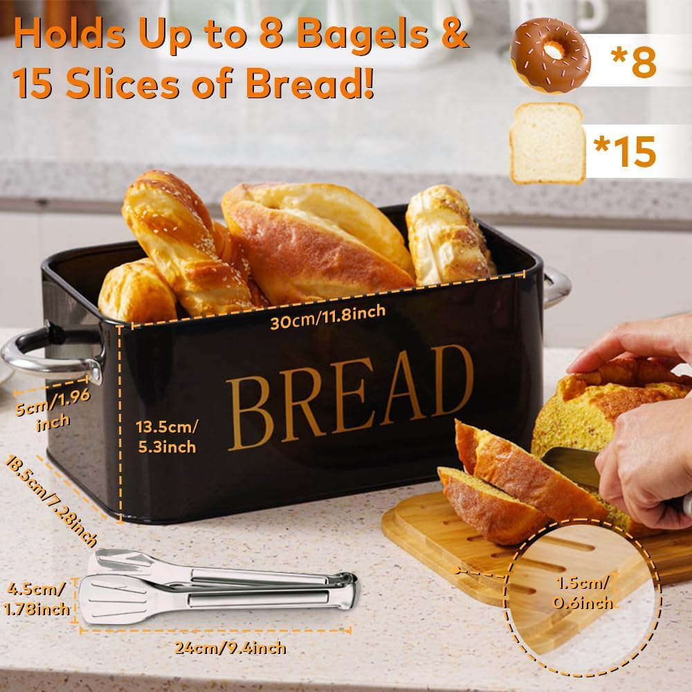 Bread Box with SUS304 Food Tong,Metal Bread Container with Air Valve&Bamboo Cutting Lid,Bread Bin with Metal Handles for Food Storage (White) image number 6