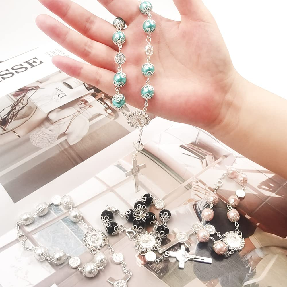 4 Pcs Rosary Beads Catholic, Finegood Cross Car Mirror Hanging Accessories Blessing Auto Rear View Mirror Pendant Car Decor Interior image number 2