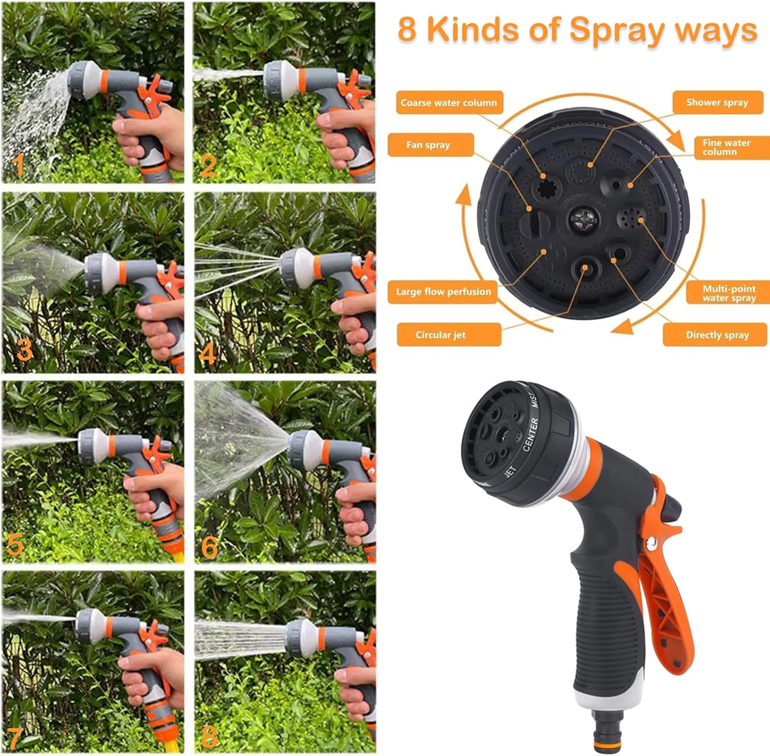 YUENTOEN Garden Hose Nozzle, Water Spray Nozzle with 8 Adjustable Watering Patterns, Garden Hose Nozzles & Spray Guns, Hose Nozzle Suitable for Washing Car, Watering Plants, Washing Pets and Home Use image number 3