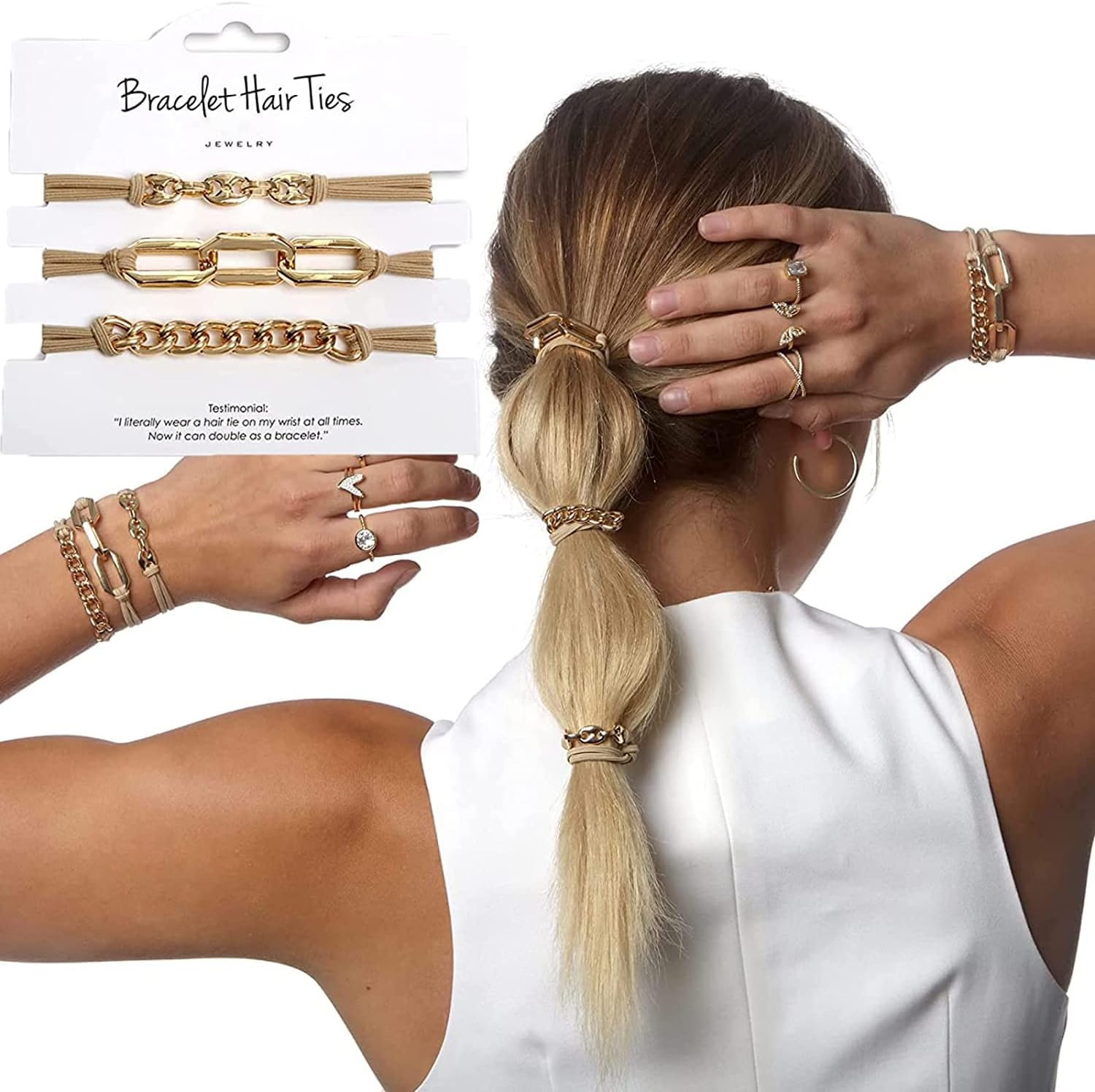 WUBAYI 3Pcs Bracelet Hair Ties for Women-Bracelet Hair Bands with Beige Elastic-Bracelet Hair Elastic Ties-Ponytail Hair Accessory. Looks Cute on Your Wrist, Perfect for Women and Girls (Gold) image number 3