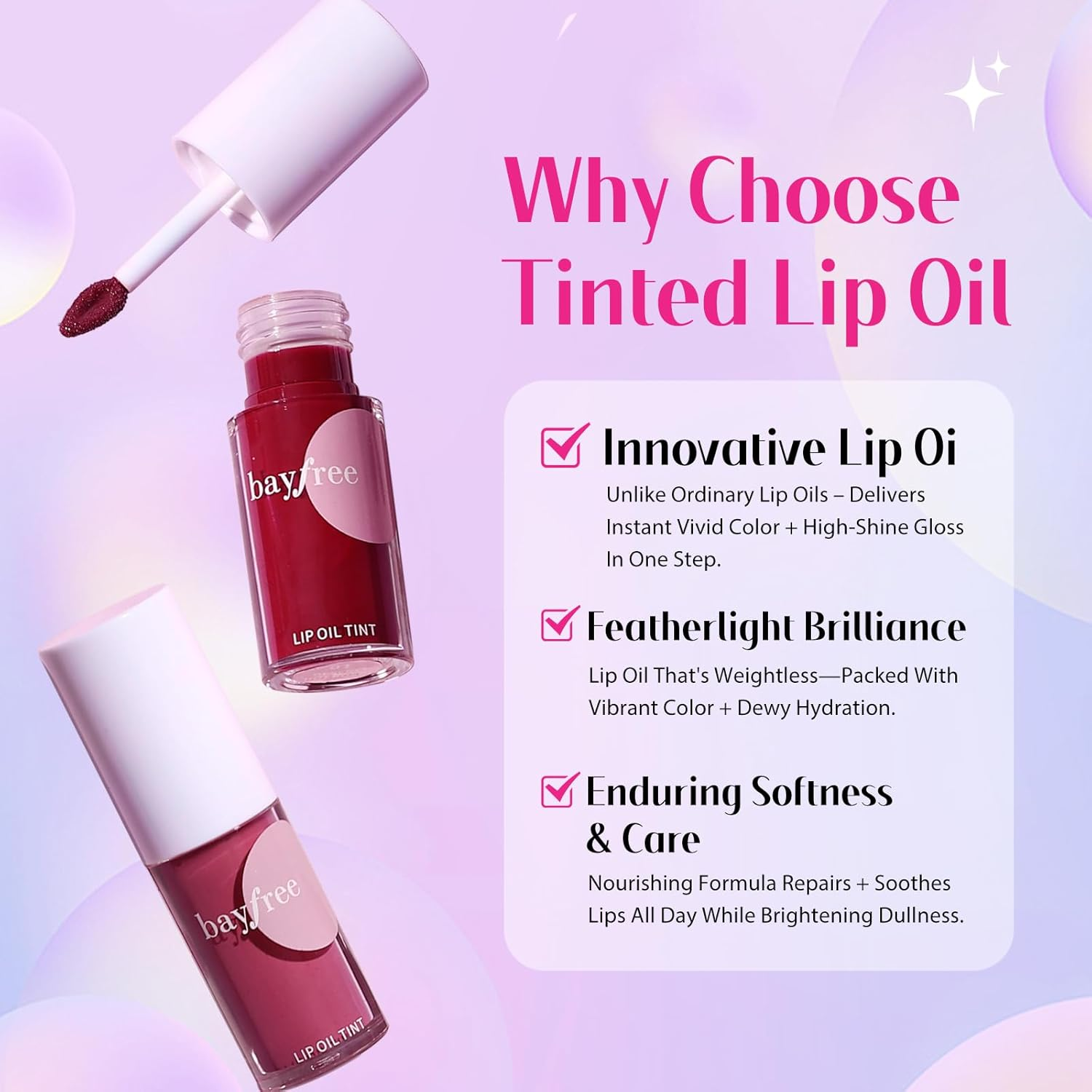 Bayfree Tinted Lip Glowy Balm Set，Lipoil Stain, Hydrating High Shine Lip Gloss Set, Long-Lasting Bright Color Lipgloss for Dull Lips, Weightless & Non-Sticky, Vegan Korean Makeup, Crystal Finish image number 5