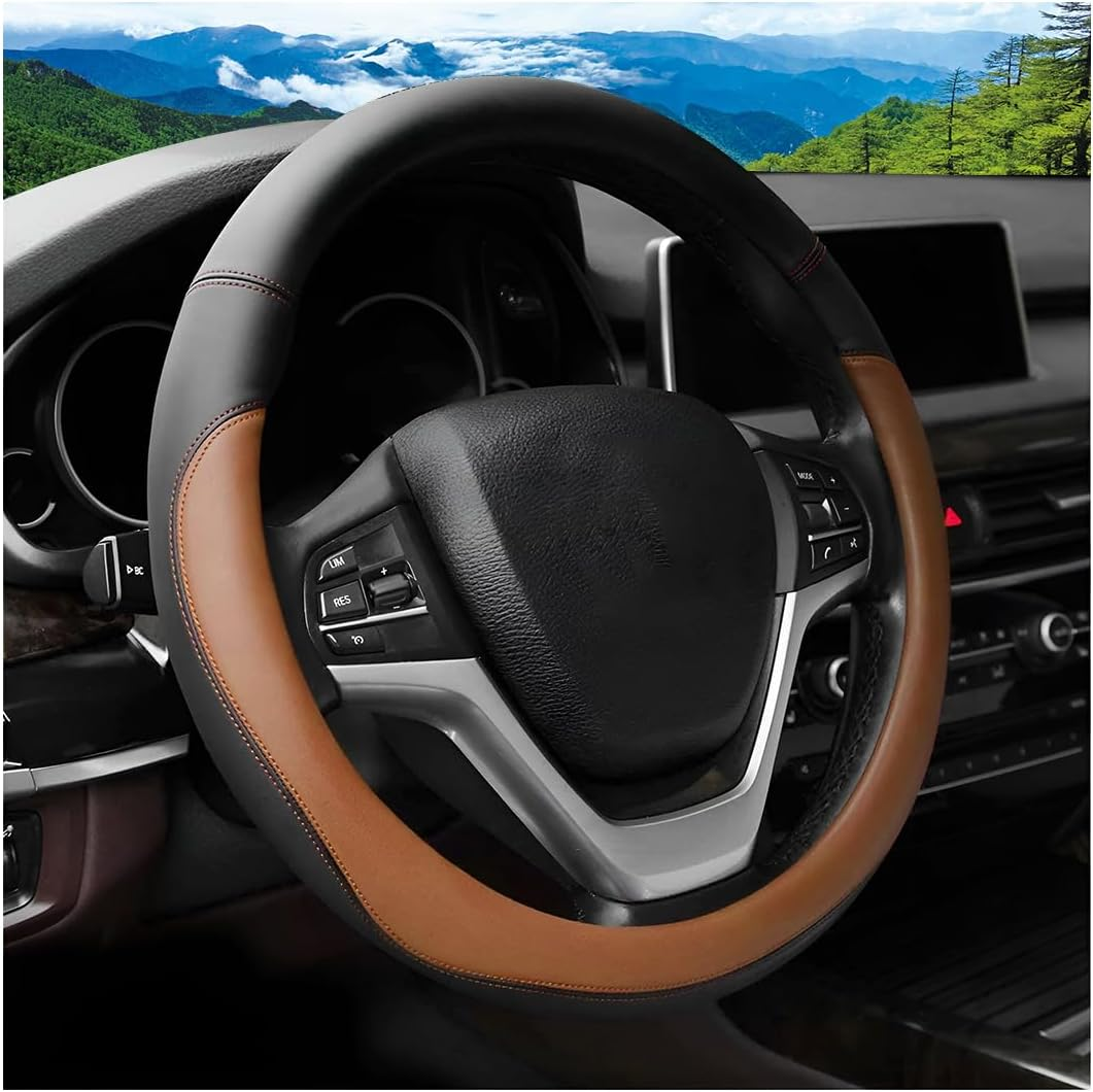 Car Steering Wheel Cover, 14.5"-15" Leather Anti-Slip Sporty Vehicle Steering Wheel Protector, Soft Breathable Auto Interior Decoration Accessories, Universal for SUV Truck Sedan (Grey)