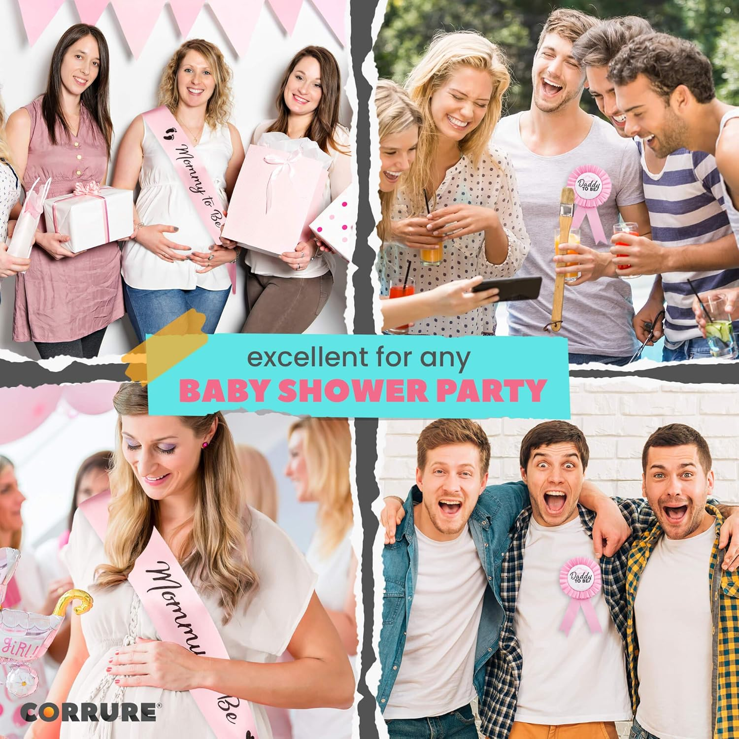 CORRURE Baby Shower Sash and Button Pin for Girl - 'Mommy to Be' Sash and 'Daddy to Be' Pin with Beautiful Pink Ribbon and Black Foil Text - Ideal Mom and Dad Gender Reveal/Baby Shower image number 3