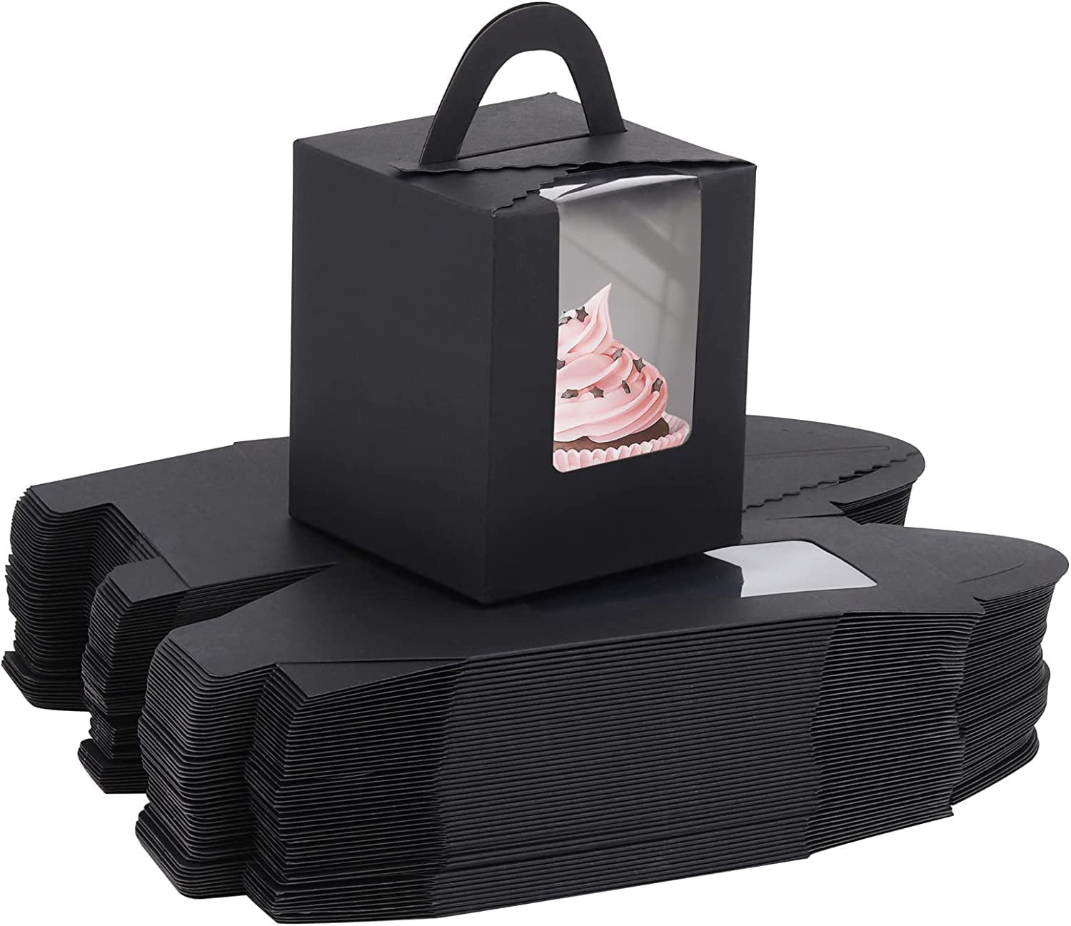 50 Pcs Black Cupcake Boxes with Window Single Individual Cupcake Boxes with Handle and Inserts for Wedding Birthday Party Treats Gift