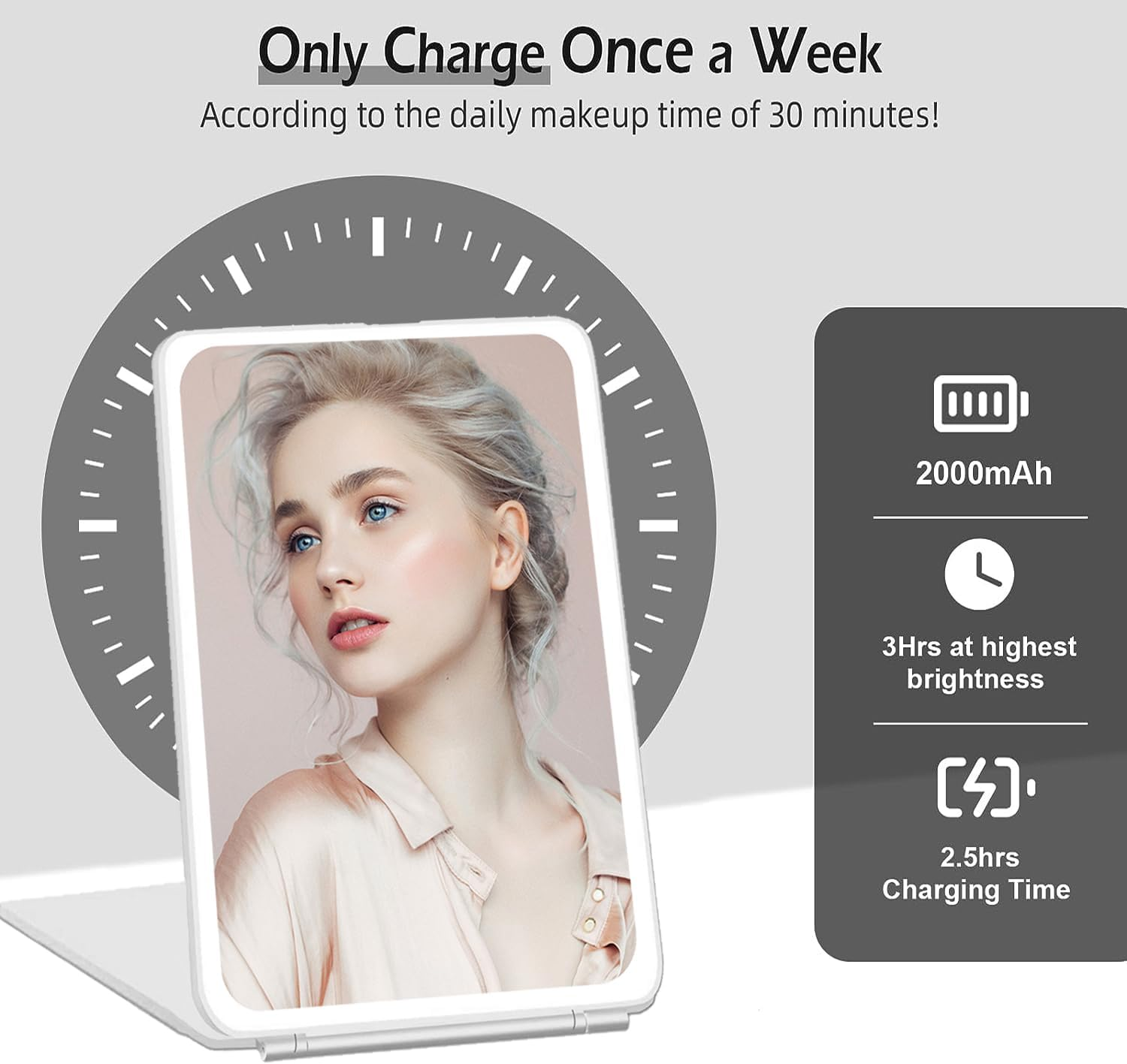 Portable Travel Lighted Makeup Mirror，Usb Rechargeable Folding Vanity Mirror，80 LED Lights 3 Color Dimmable Touch Screen Tabletop Beauty Makeup Mirror，Travel， Makeup, Office Essential image number 4