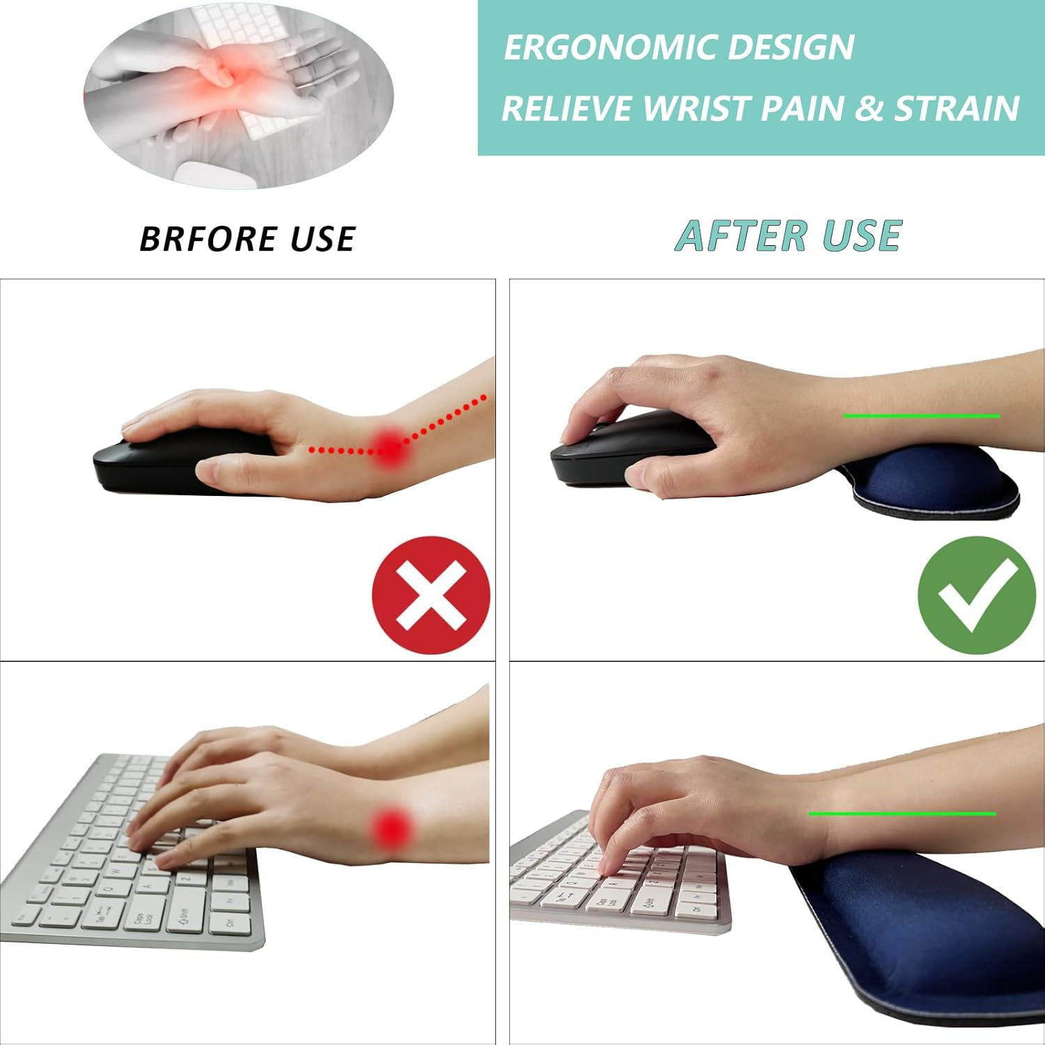 Keyboard Wrist Rest Mouse Wrist Support Set, Memory Foam Wrist Rest Pad for Computer Laptop Keyboard Mouse, Ergonomic Wrist Cushion Support for Typing Pain Relief, Gaming Home Office, Navy Blue - Black image number 3