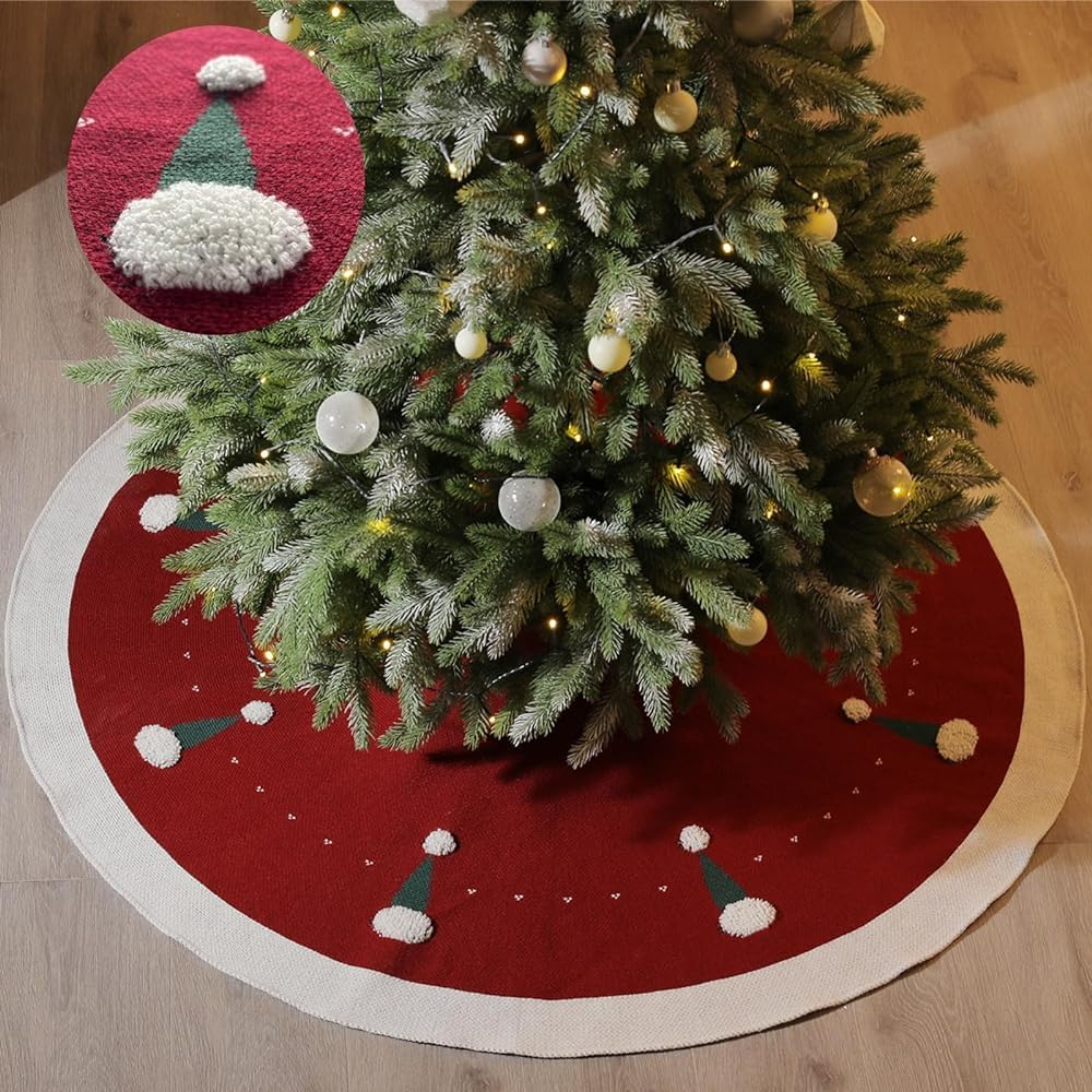 VNPONV Knitted Christmas Tree Skirt 48 Inches, Large Red Tree Skirt Luxury Christmas Decorations, Thick Xmas Tree Skirt with Cute Christmas Hat and White Fluffy Ball for Holiday Party Christmas Decor image number 2